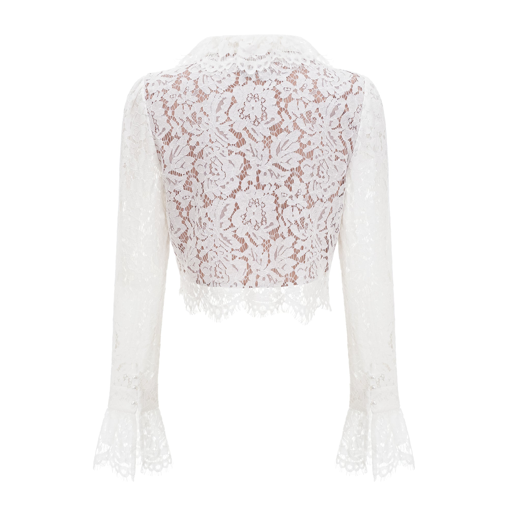 Vesper Weißes Set aus Bluse mit hohem Kragen und Rock aus Spitze