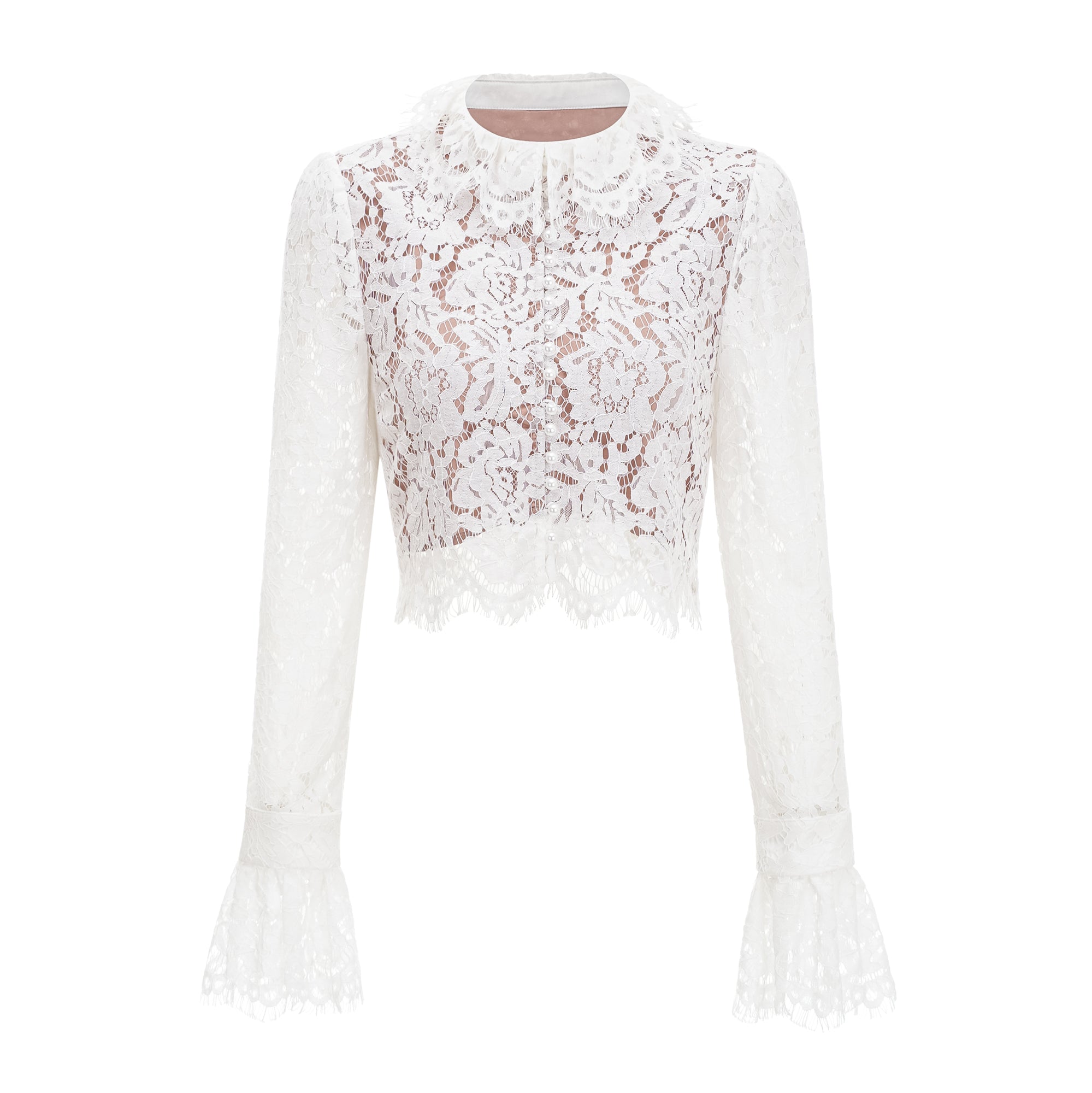 Vesper Weißes Set aus Bluse mit hohem Kragen und Rock aus Spitze
