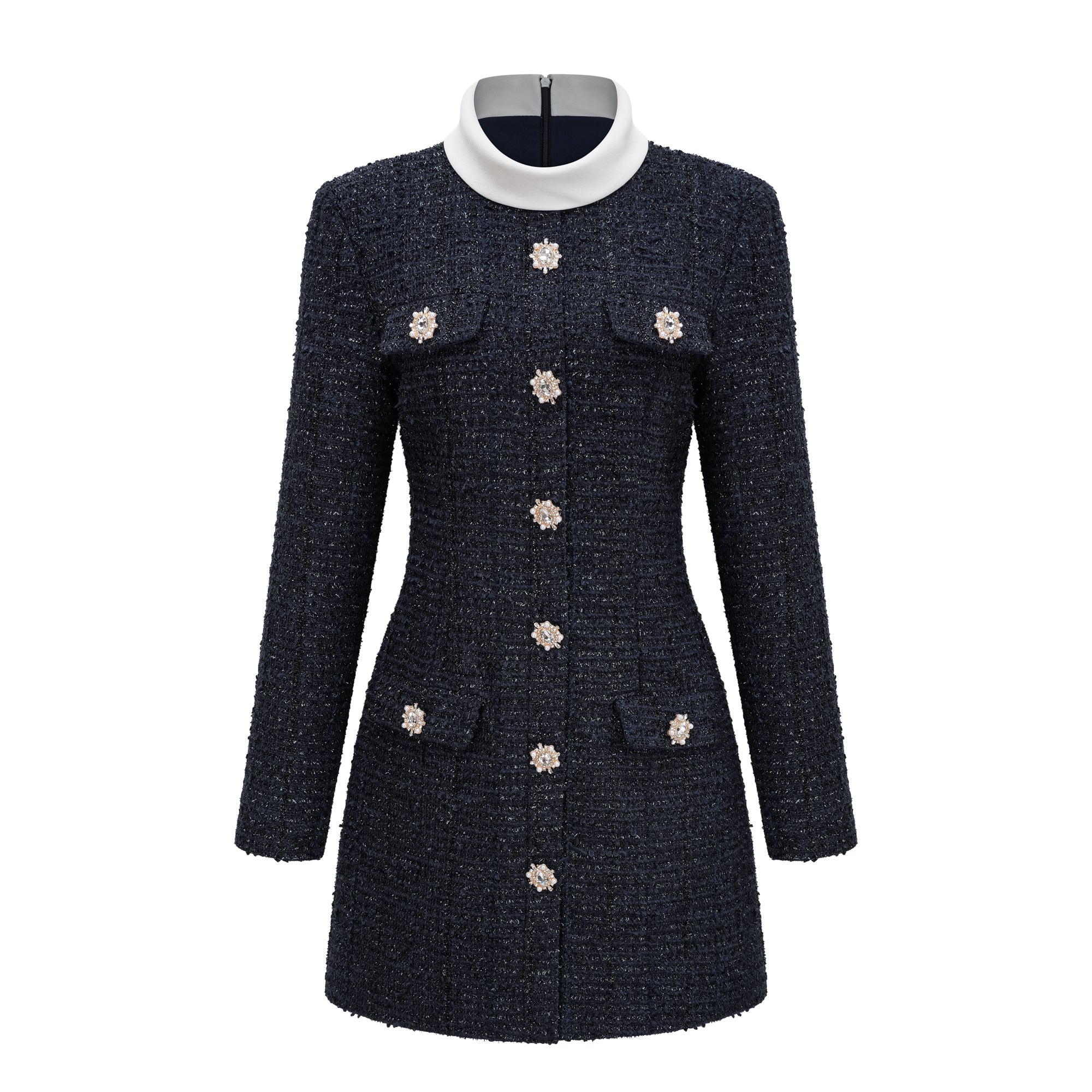 Fiona Navy Blue Embellished Tweed Mini Dress
