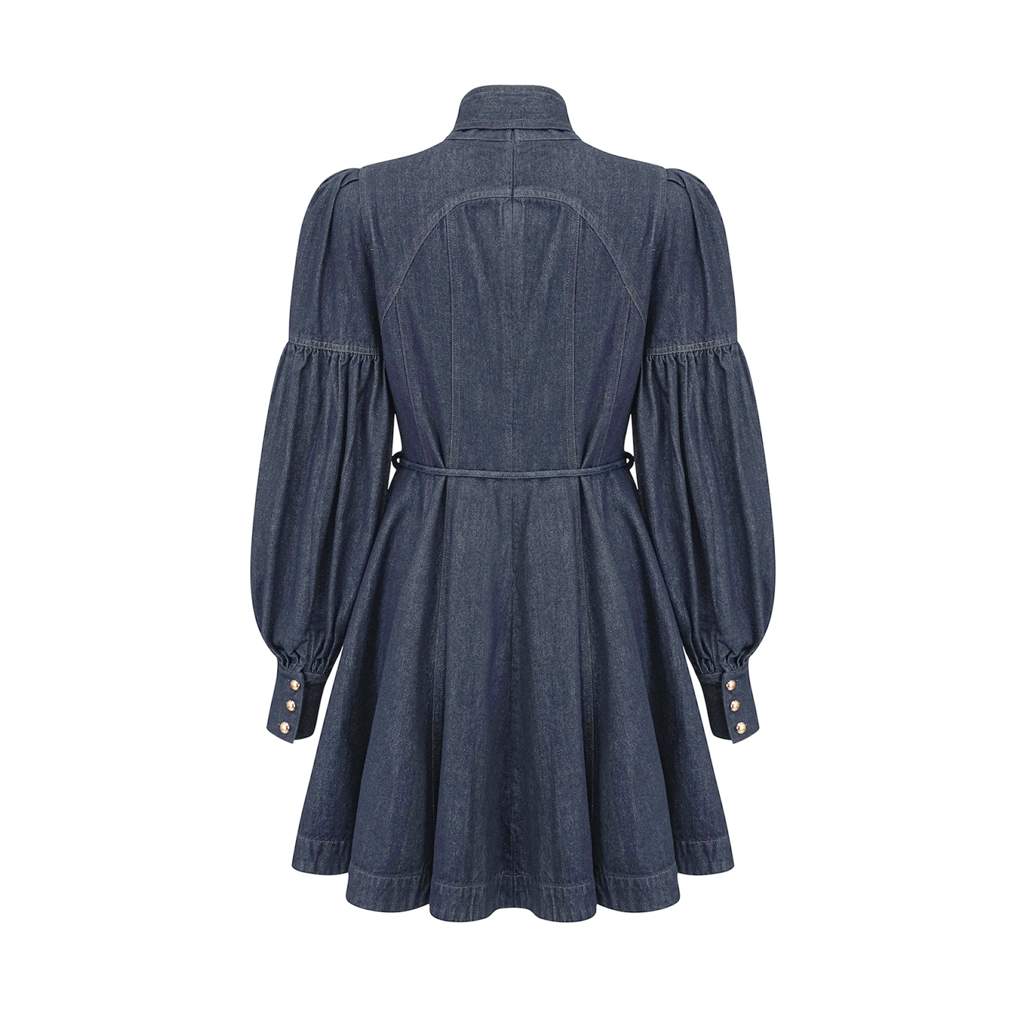 فستان ميرابل قصير من قماش الدنيم باللون الأزرق الداكن مع خياطة متباينة