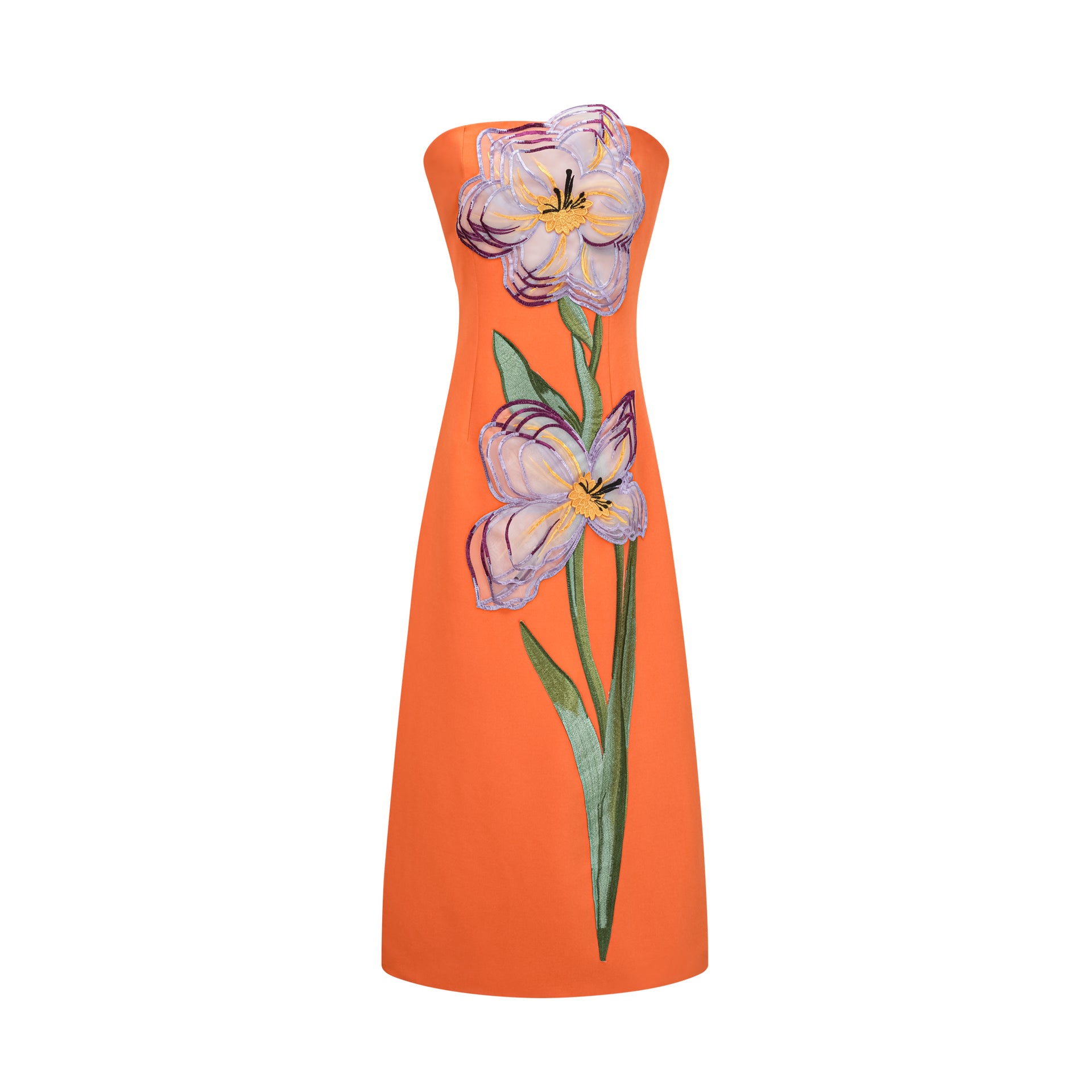 knee length dresses for ladies Irène Sequin Embroidered Off-Shoulder Midi Dress in Orange, L / Orange