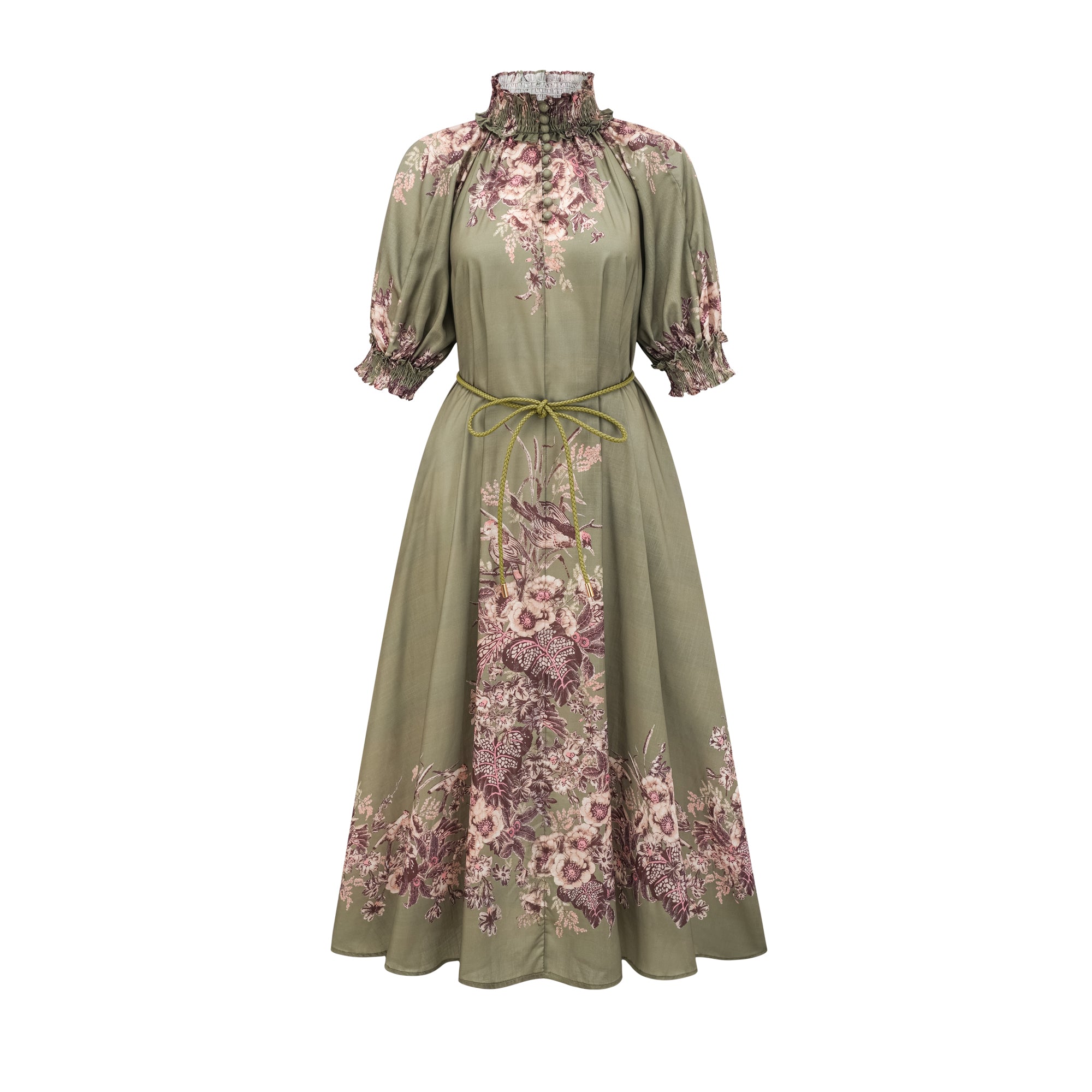 Maxikleid aus Ramie mit Blumenprint, Gürtel und Lederbesatz