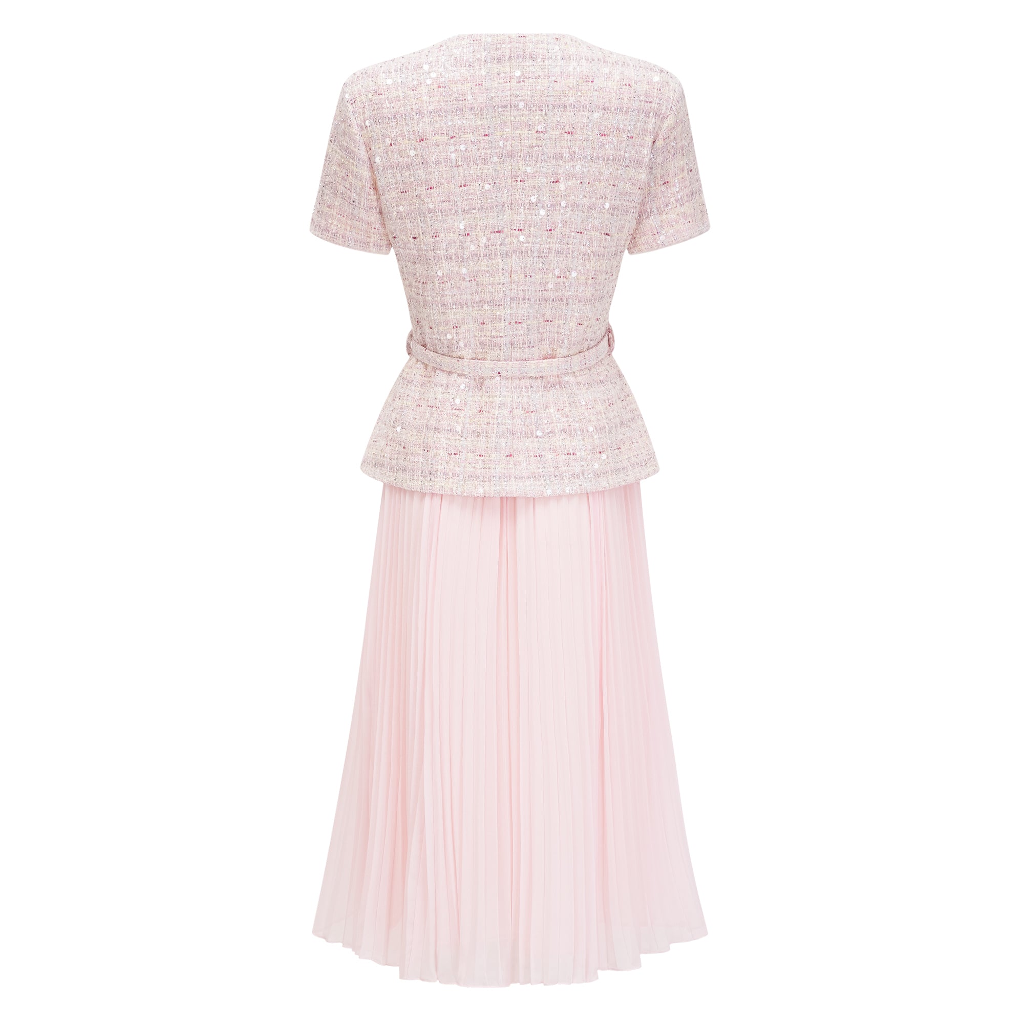 Tahmineh Pink Tweed Pleated Midi Dress