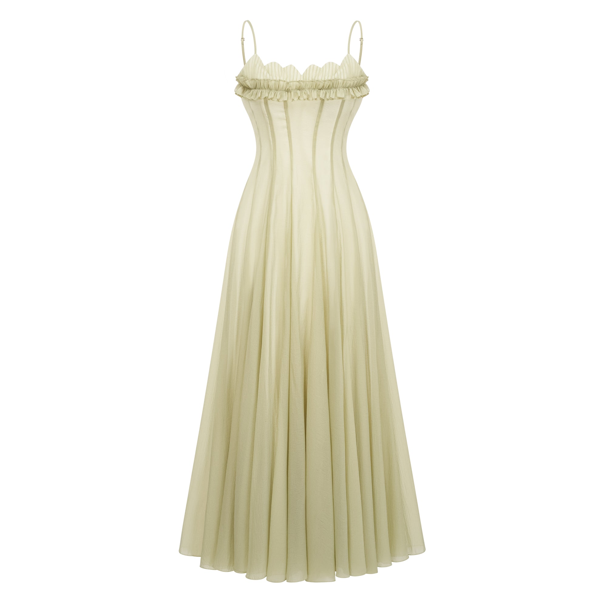 فستان طويل من التول المكشكش والمزركش باللون الأخضر