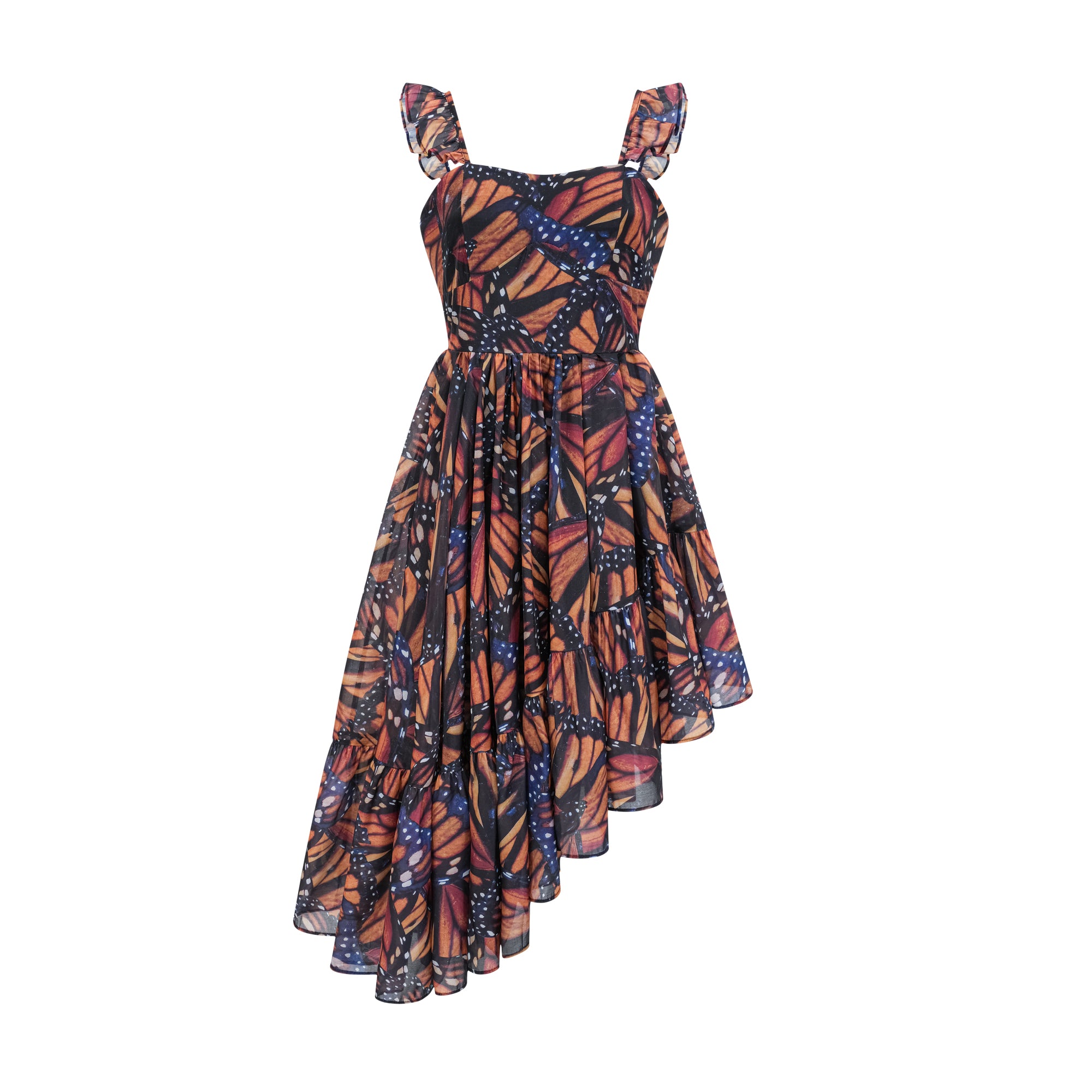 Coralie butterfly-print asymmetric midi dress