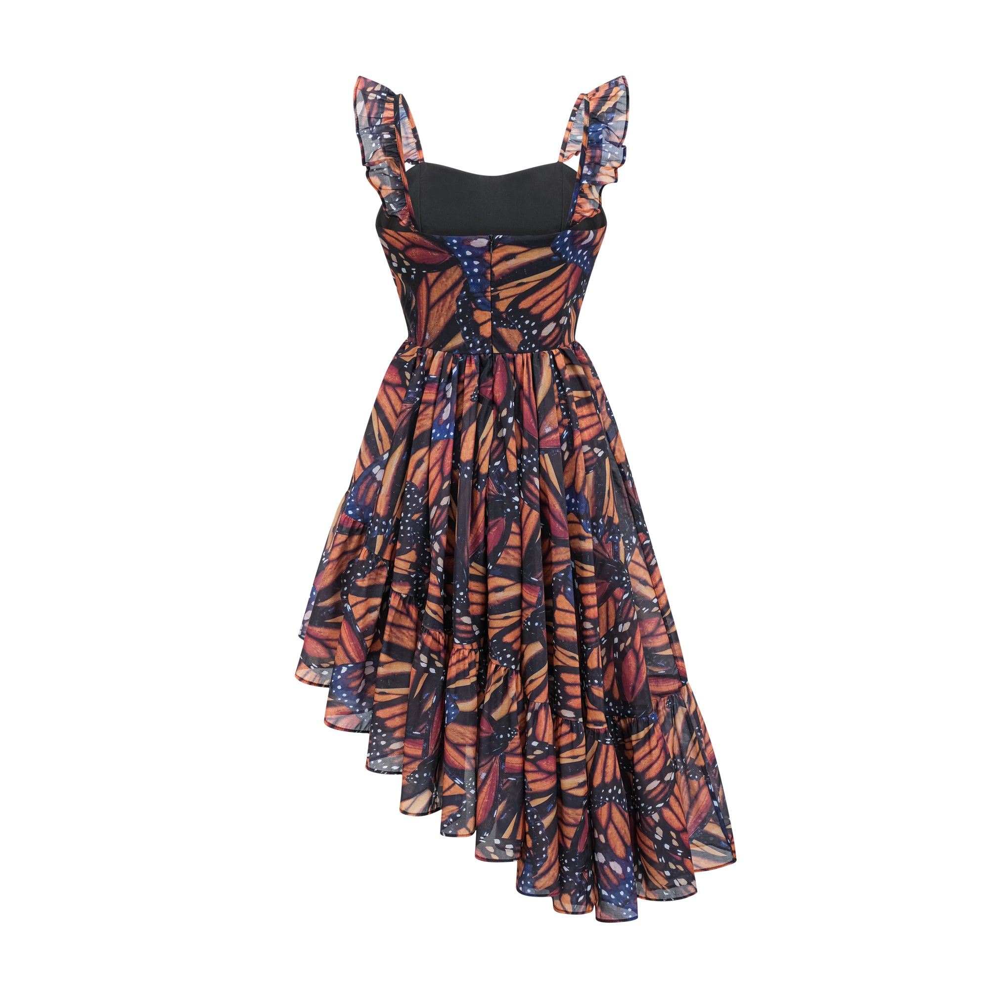 Coralie butterfly-print asymmetric midi dress