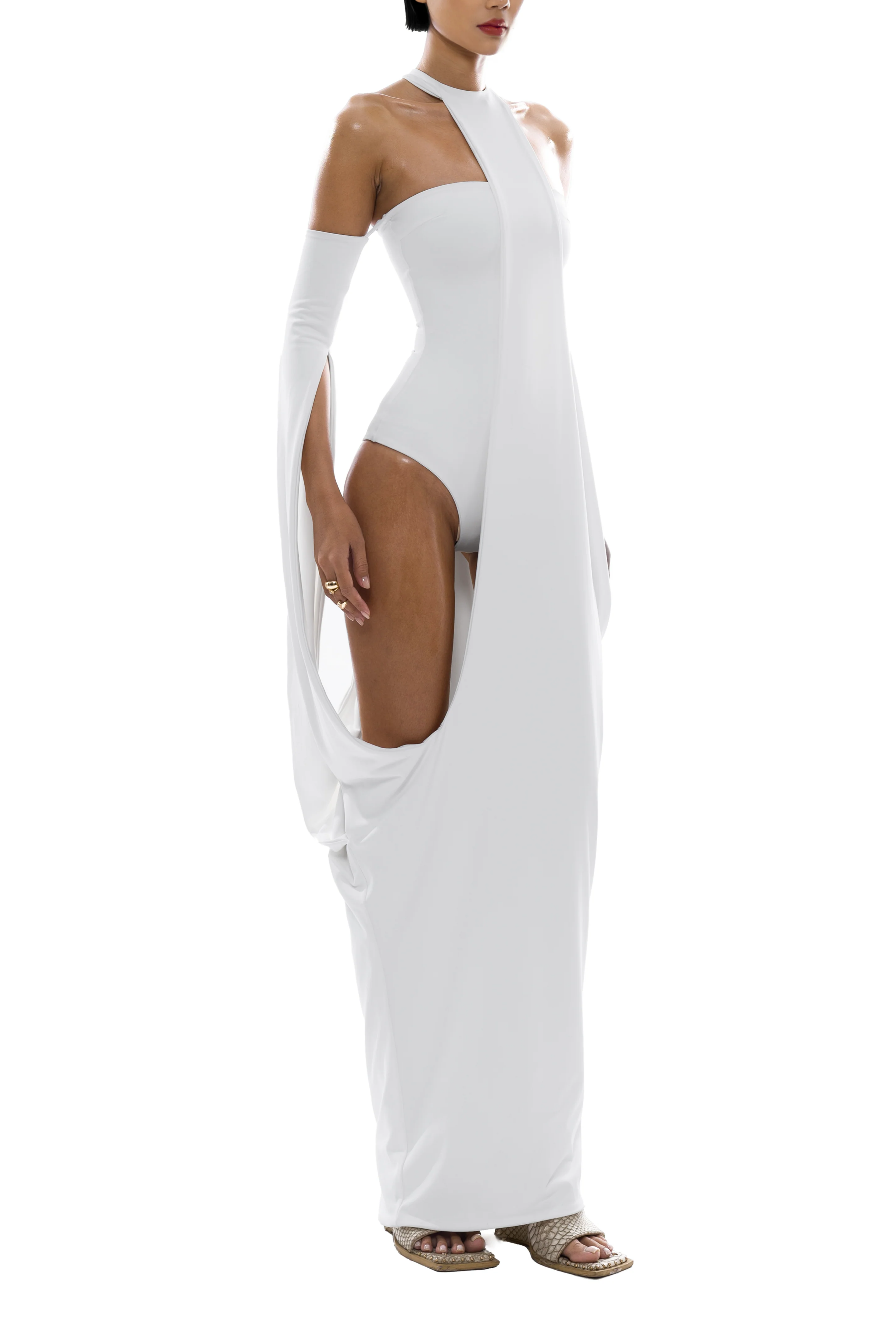 Elowen White Halter Neck Draped Maxi Dress