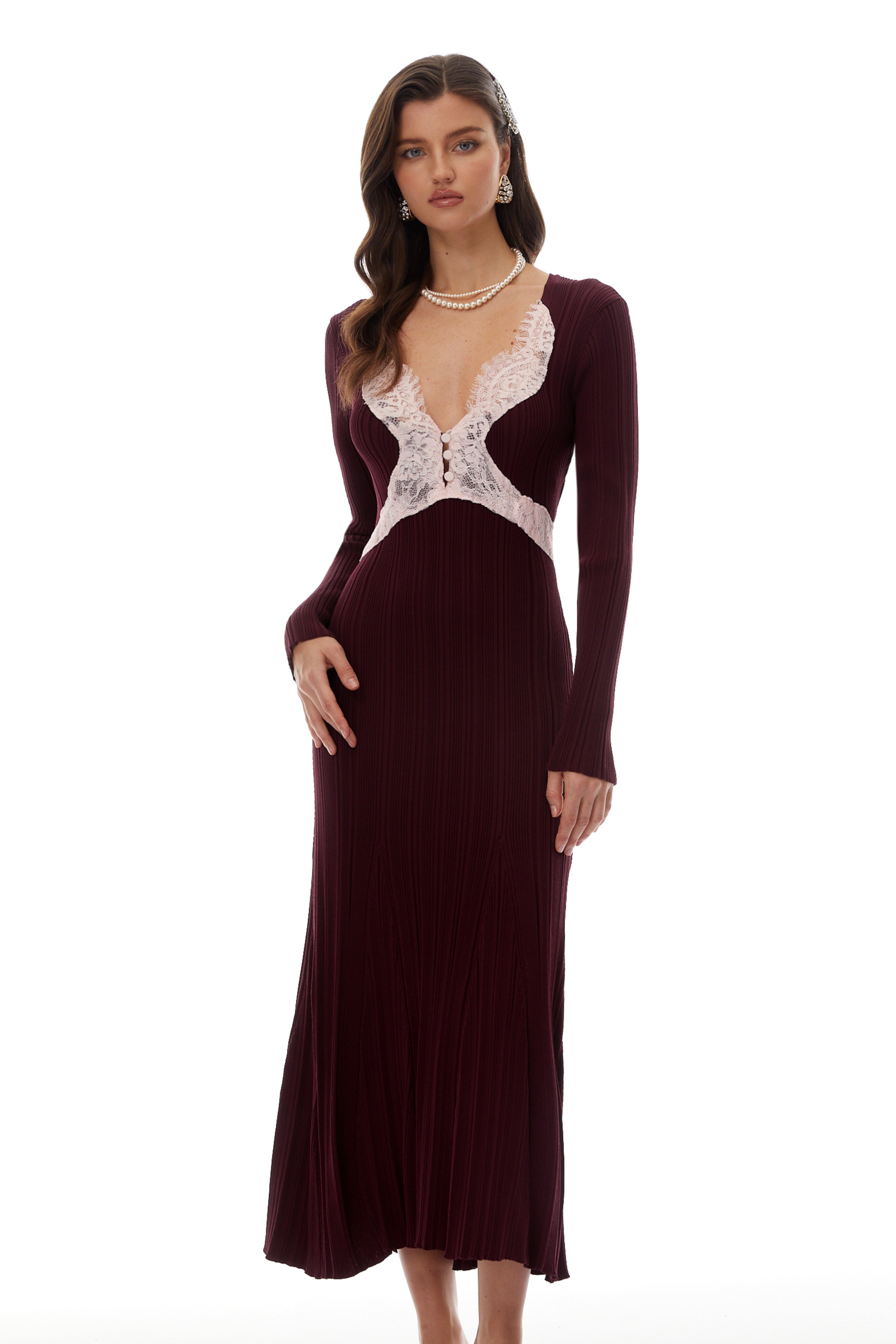 Dagný Burgundy Lace Trim Knit Midi Dress