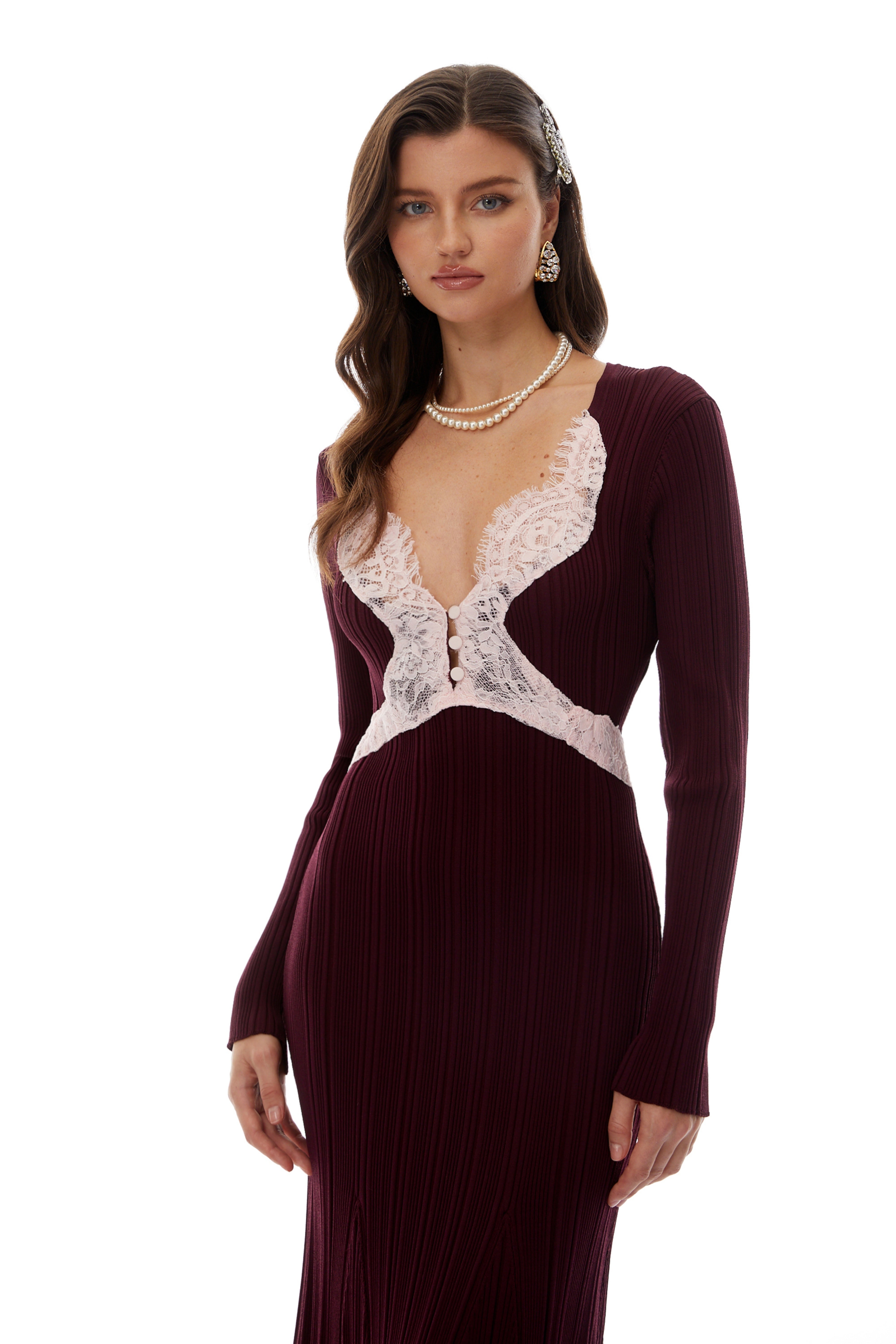 Dagný Burgundy Lace Trim Knit Midi Dress
