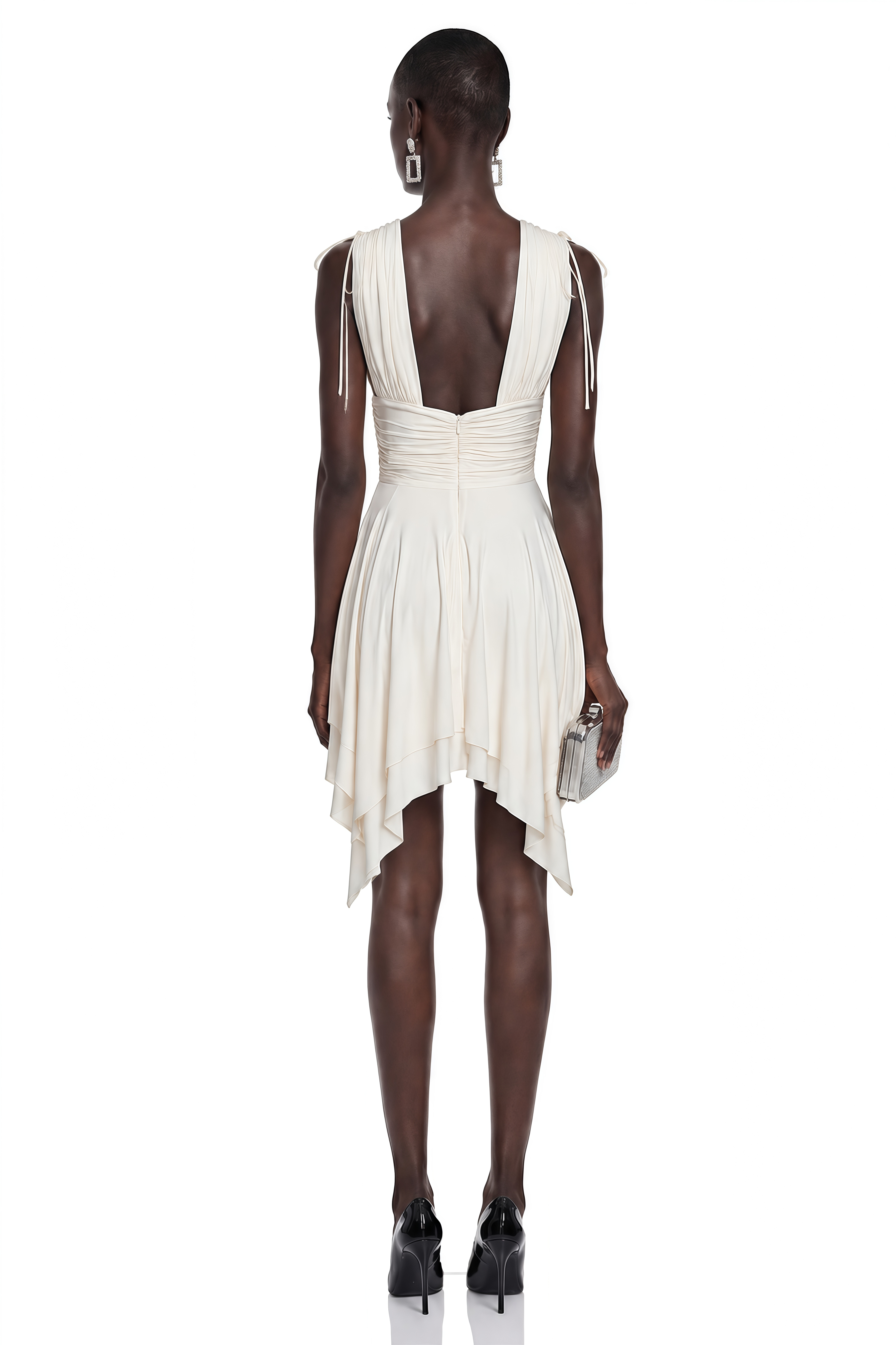 Damla Ivory Asymmetrical Ruched Mini Dress