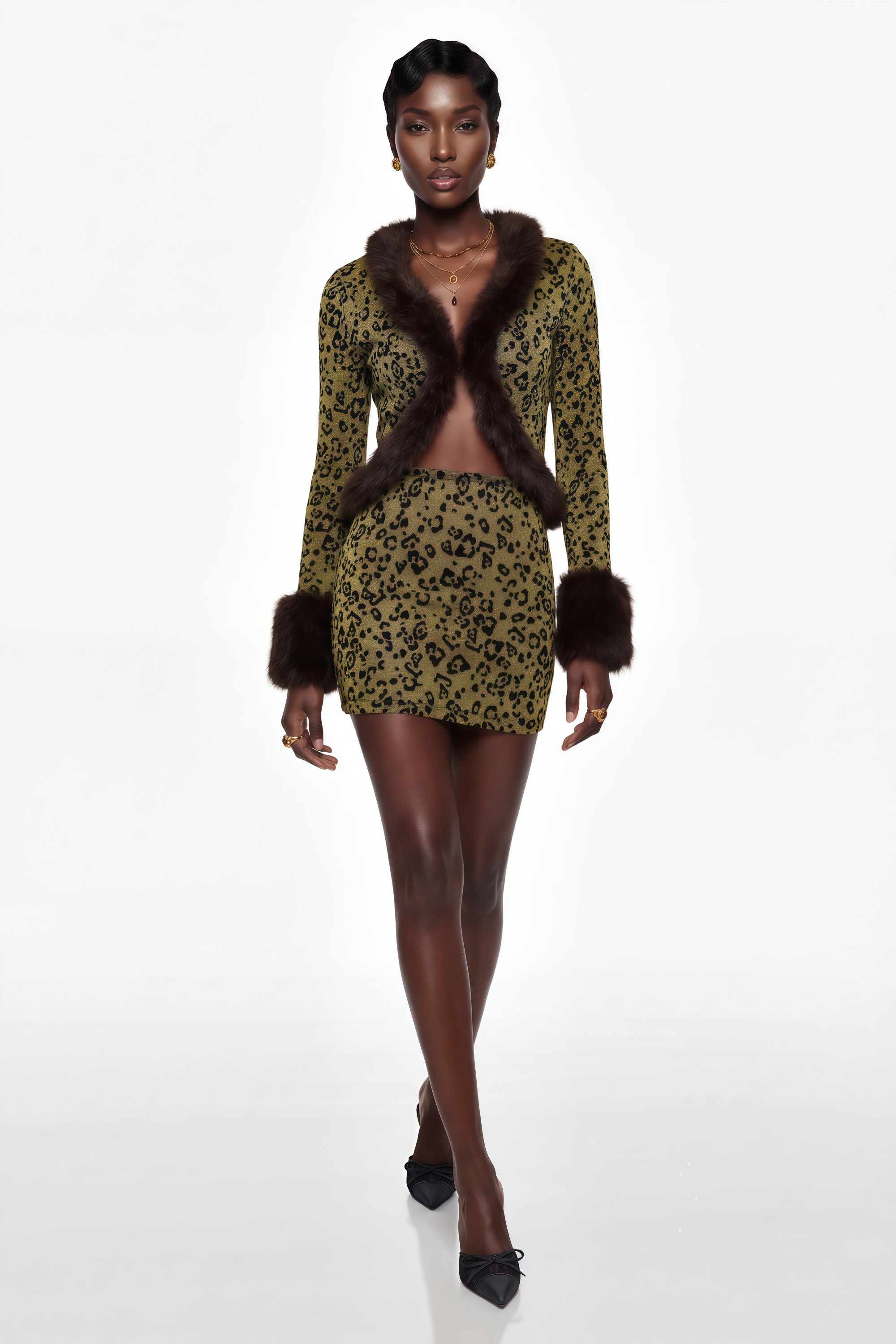 Danica Yellow Fur Trim Leopard Top & Skirt Set