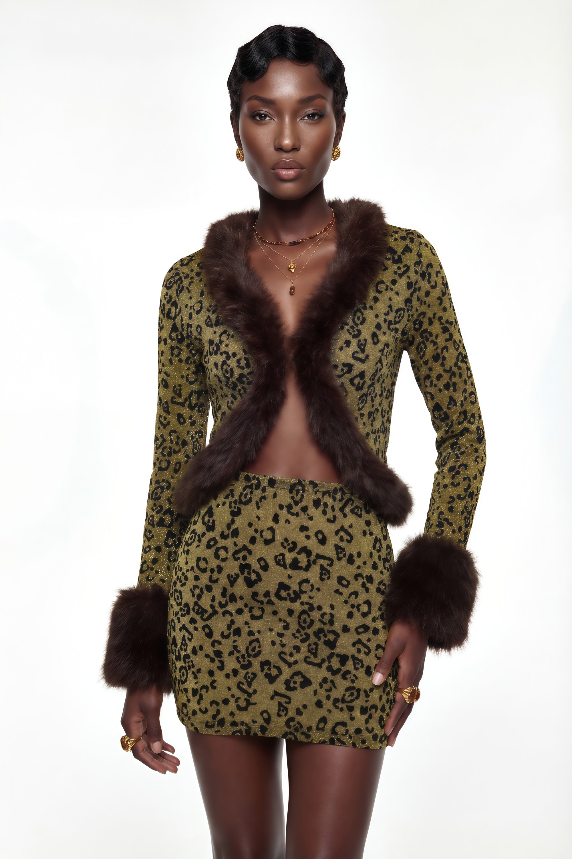 Danica Yellow Fur Trim Leopard Top & Skirt Set