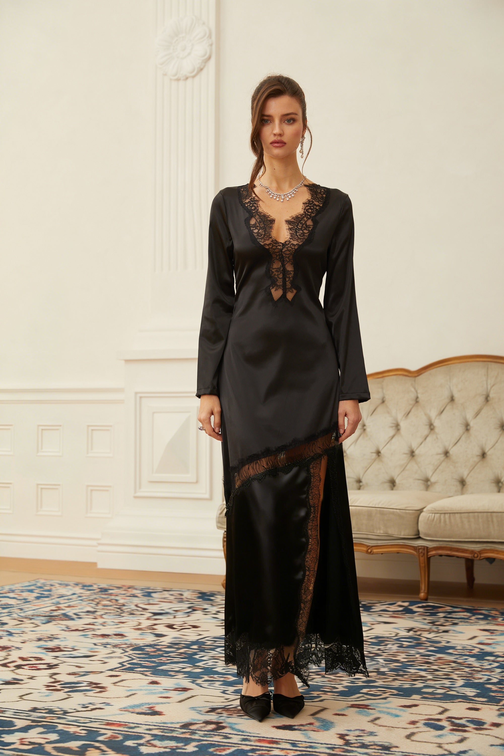Raphaëlle Black Lace Panel Satin Maxi Dress
