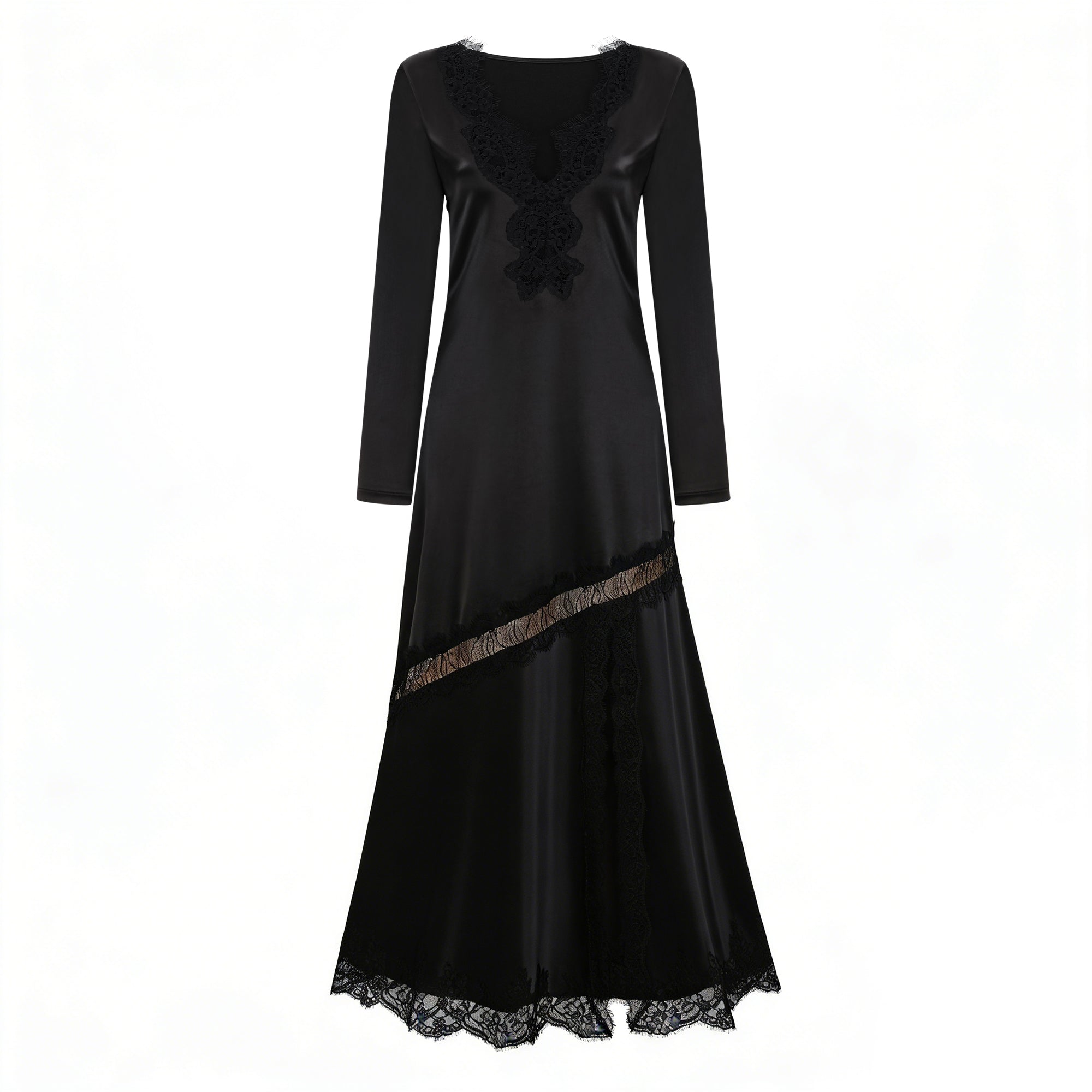 Raphaëlle Black Lace Panel Satin Maxi Dress