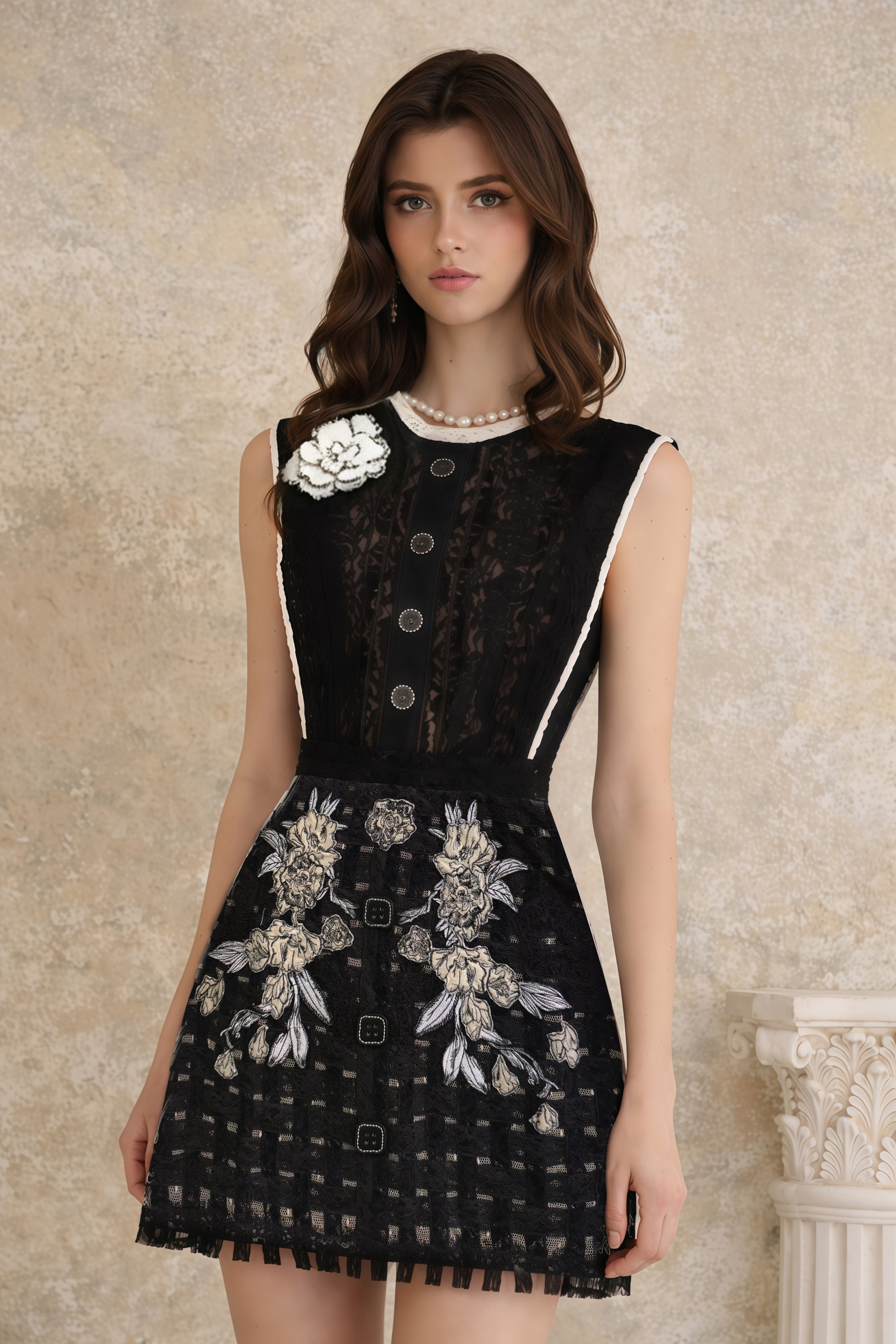 Mini-robe noire Daphné avec broderies florales