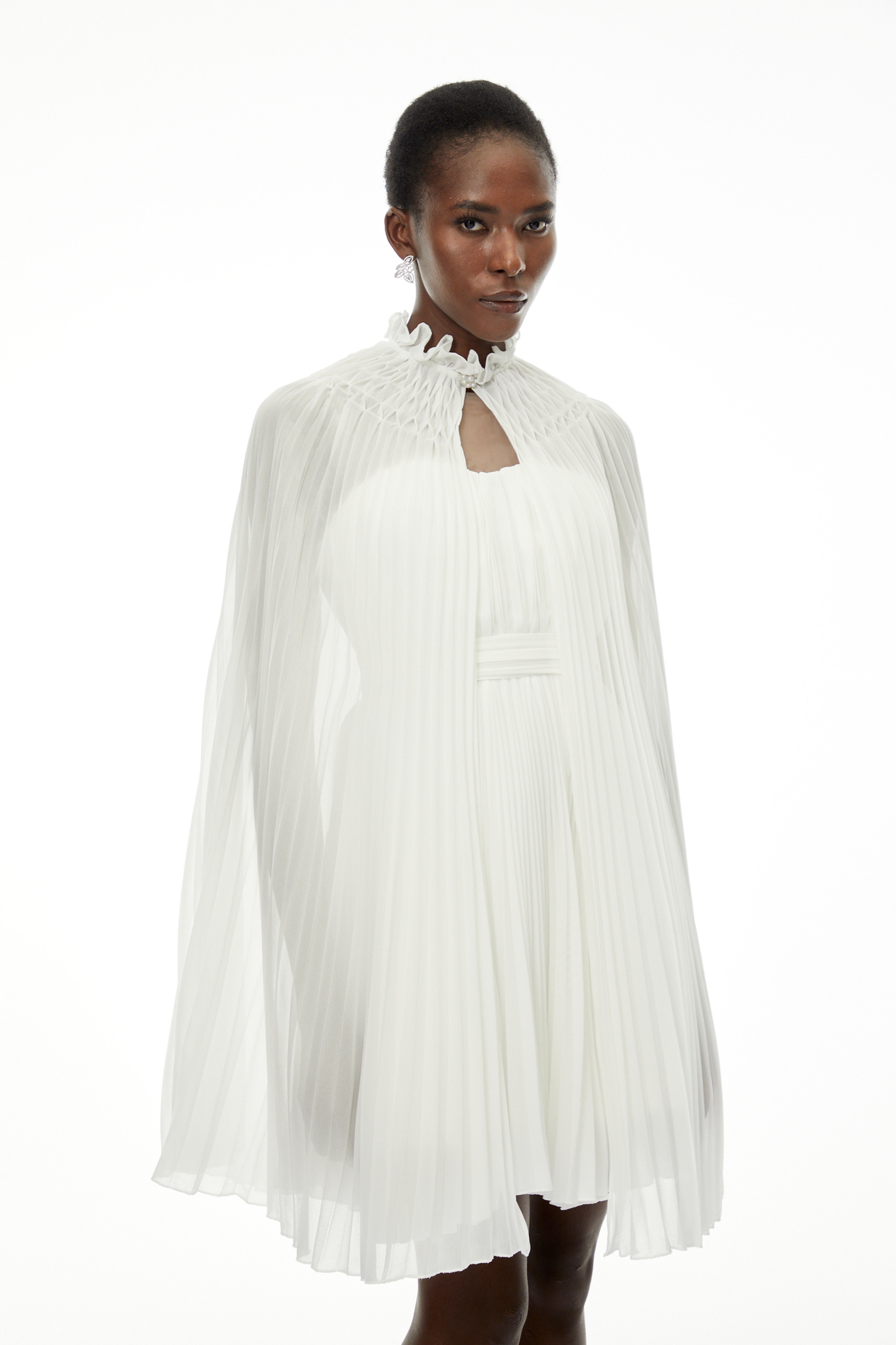 Daphne White High Neck Pleated Dress & Cape Set