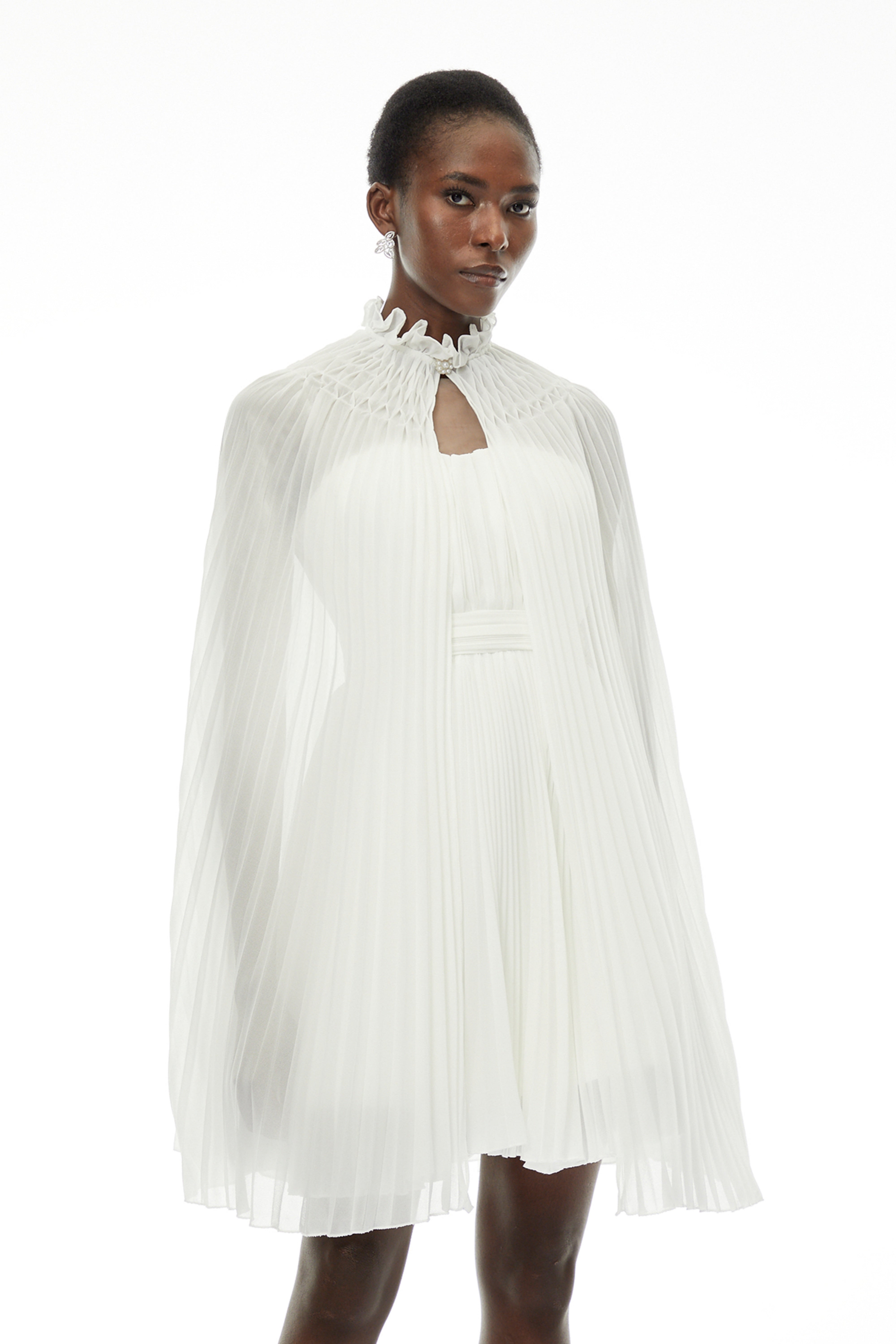 Daphne White High Neck Pleated Dress & Cape Set