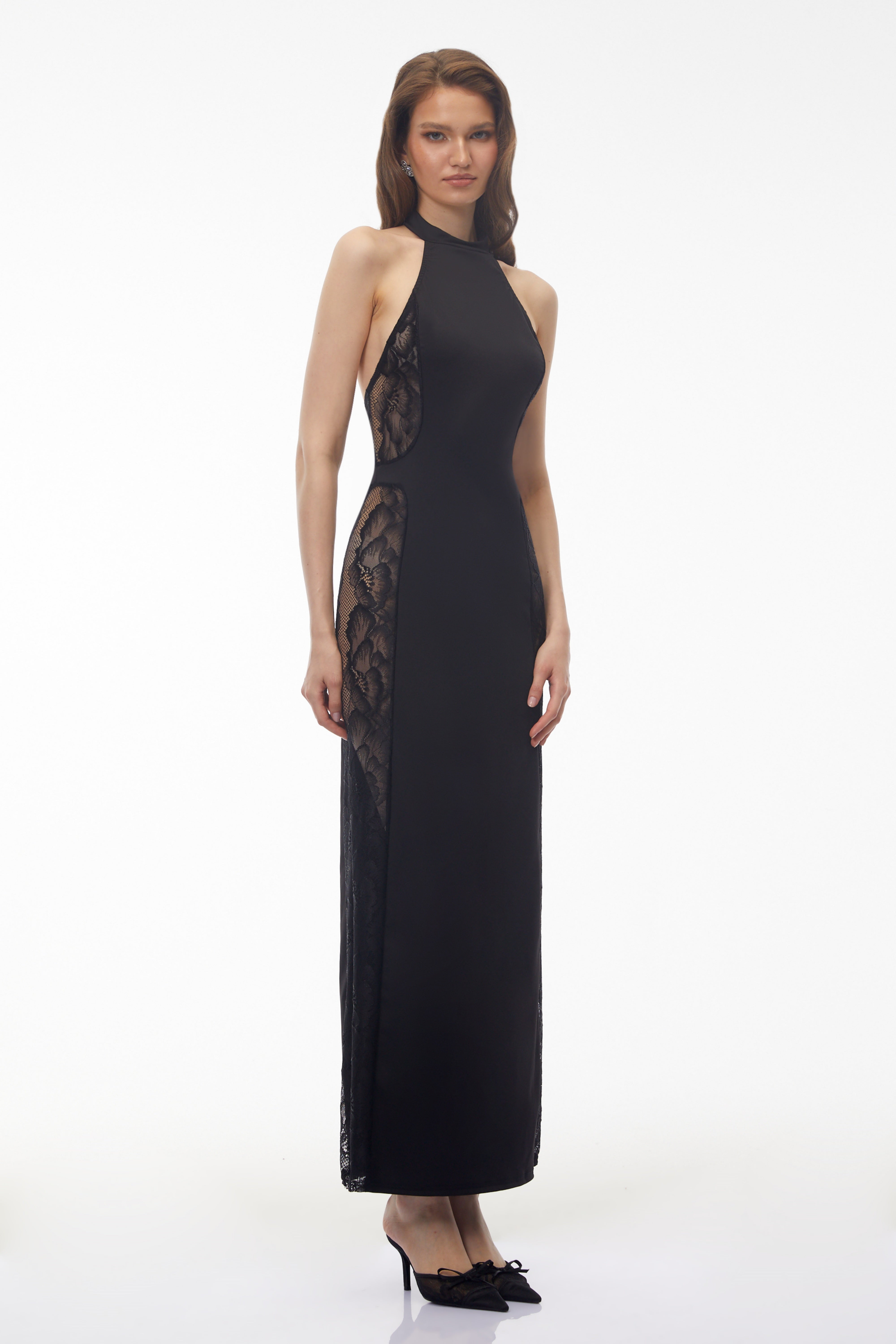 Darcie Black Halterneck Floral Lace Maxi Dress