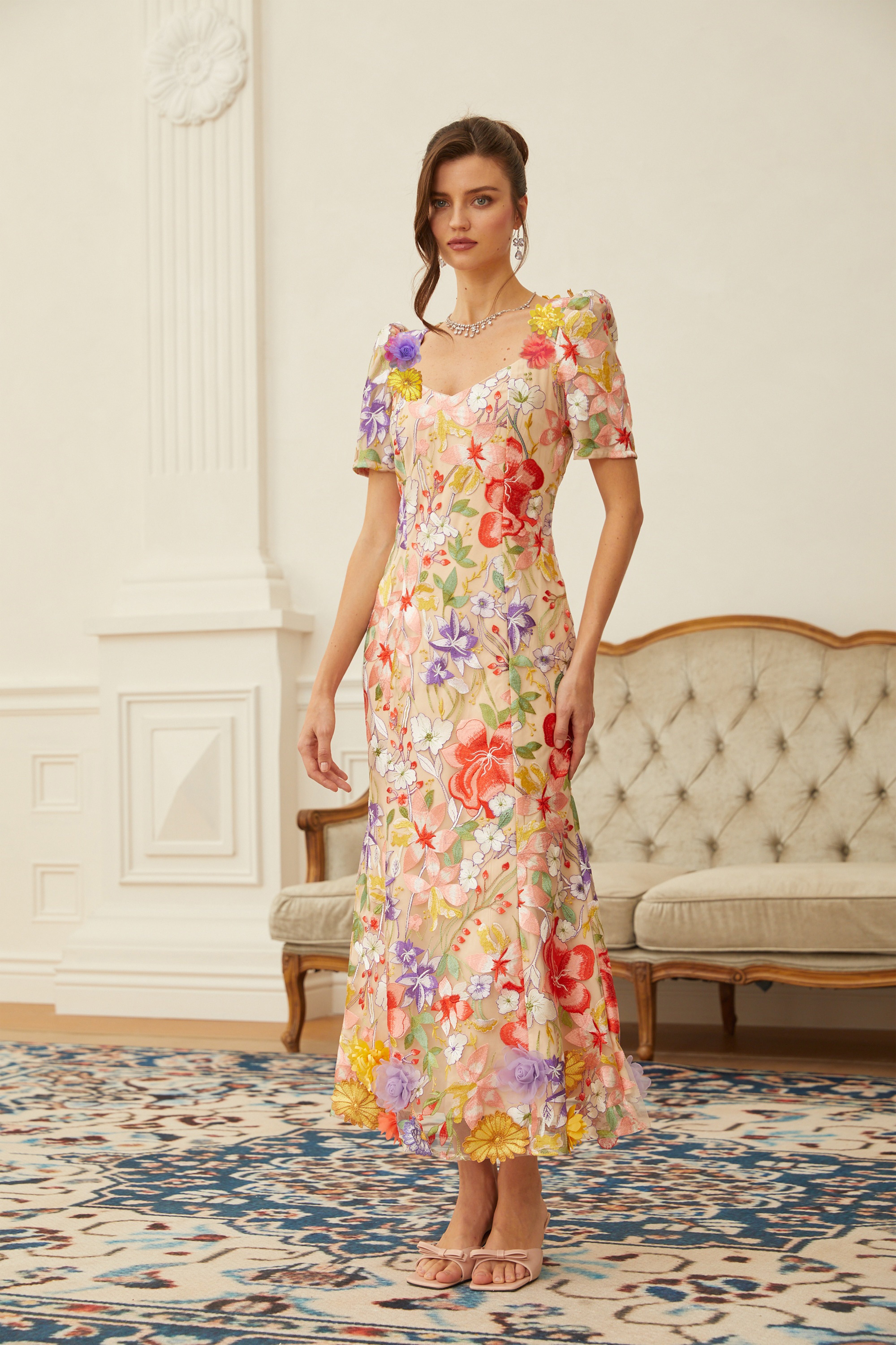 Darcy Neutral Floral Embroidered Tulle Midi Dress (Final Sale-US Only)