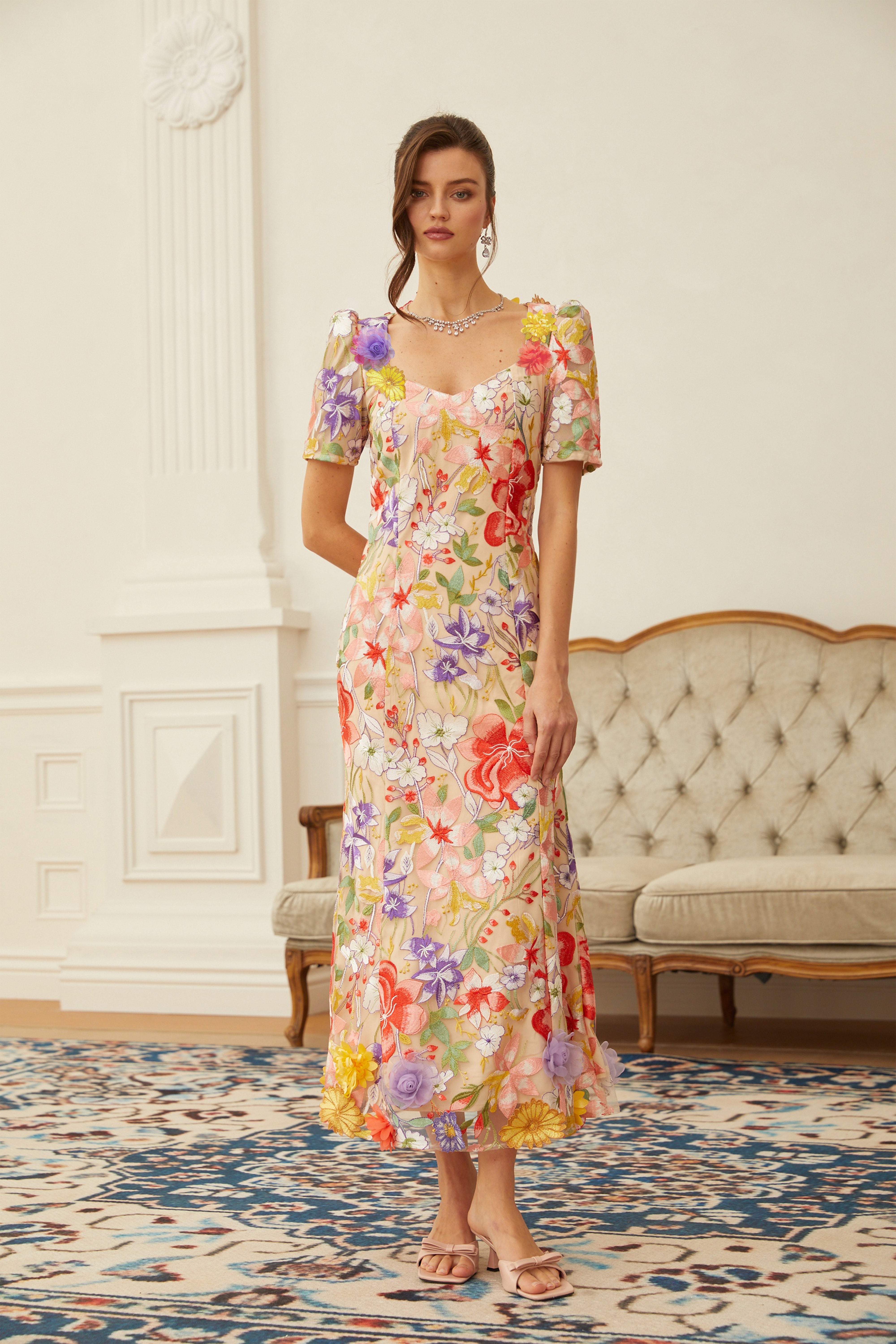 Darcy Neutral Floral Embroidered Tulle Midi Dress (Final Sale-US Only)