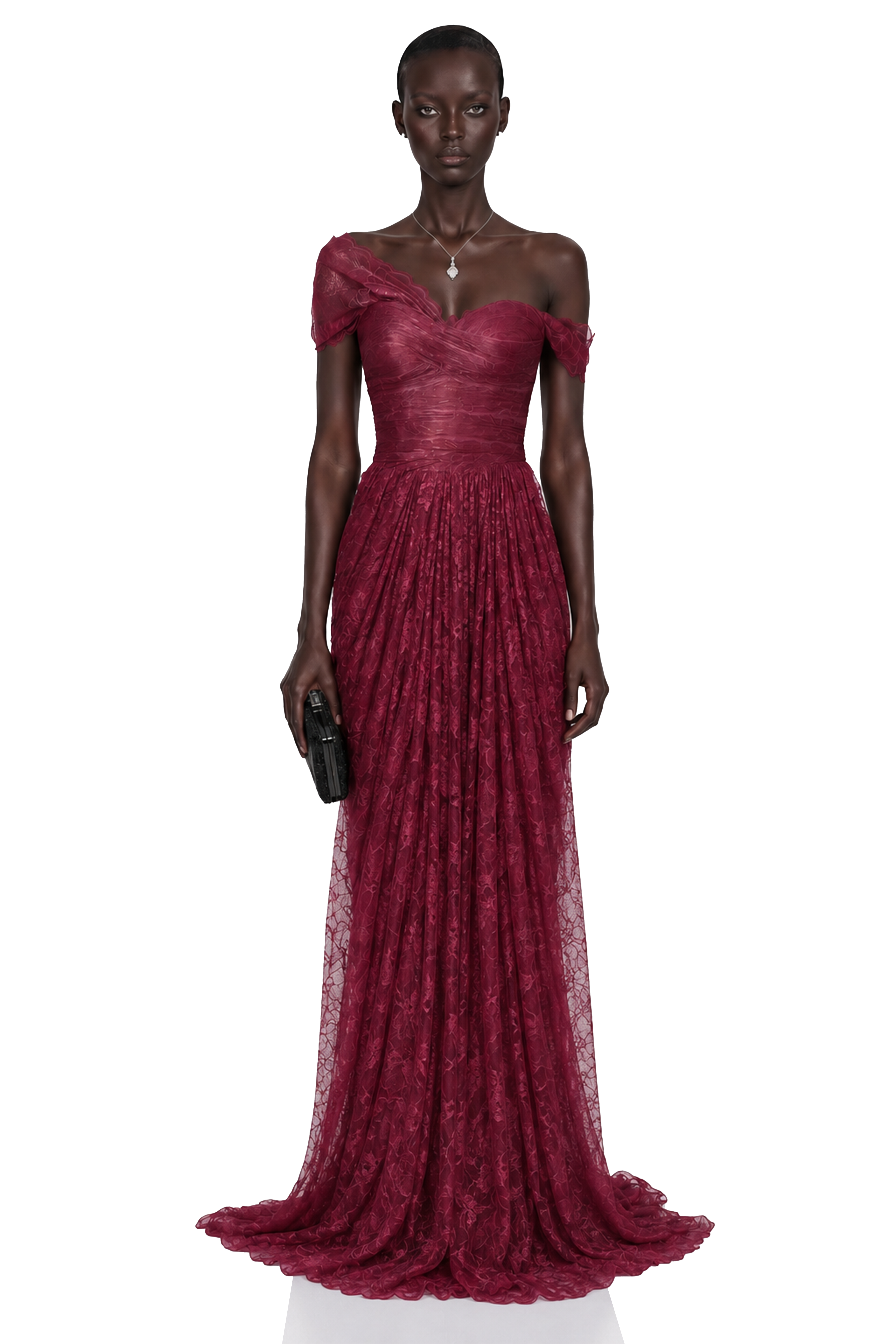 Burgundy off-the-shoulder lace gown with a draped bodice