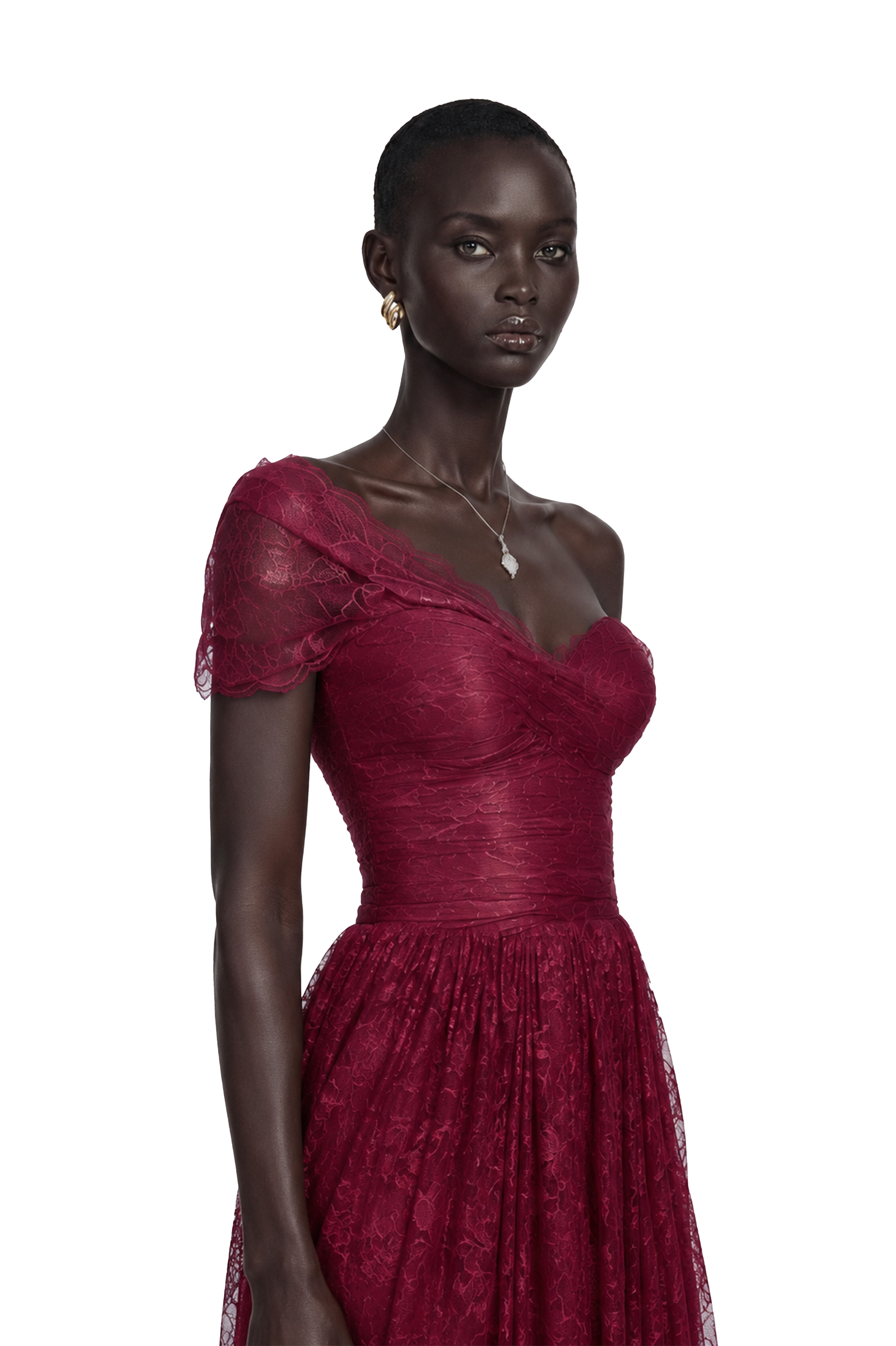Burgundy off-the-shoulder lace gown with a draped bodice