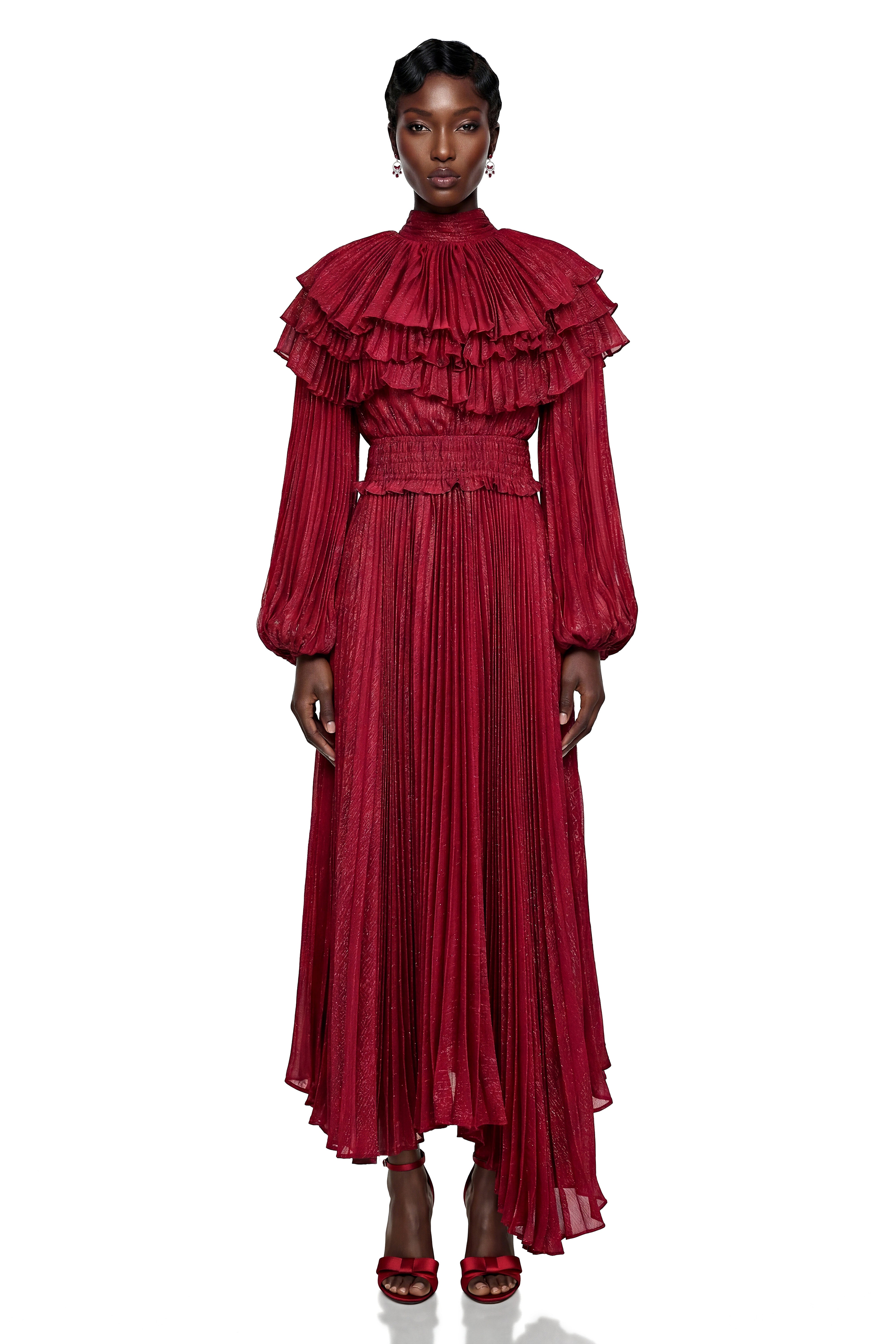 Deirdre Red Pleated Maxi Dress with Tiered Cape Collar