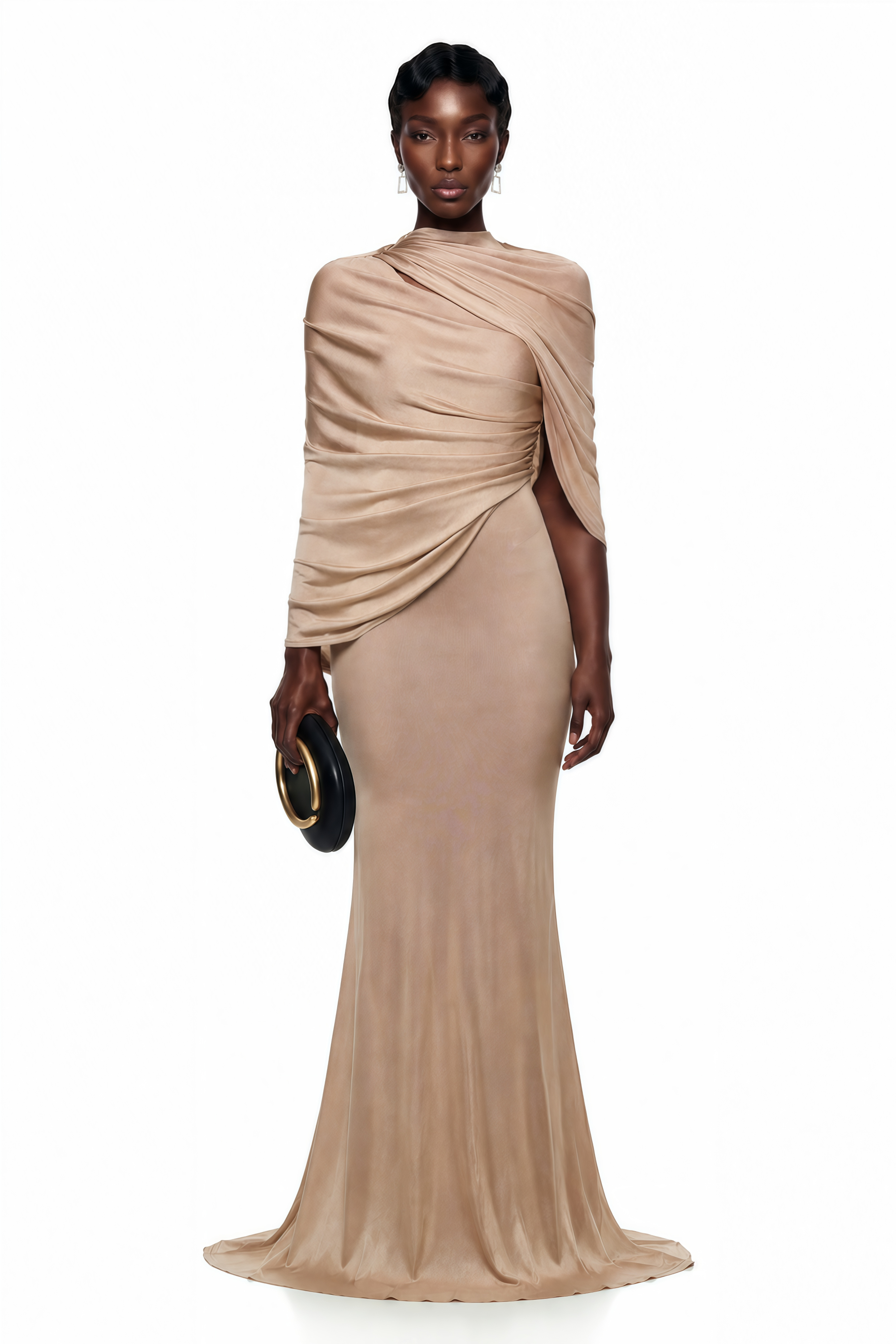 Delfina Beige Draped Cape Asymmetrical Maxi Dress