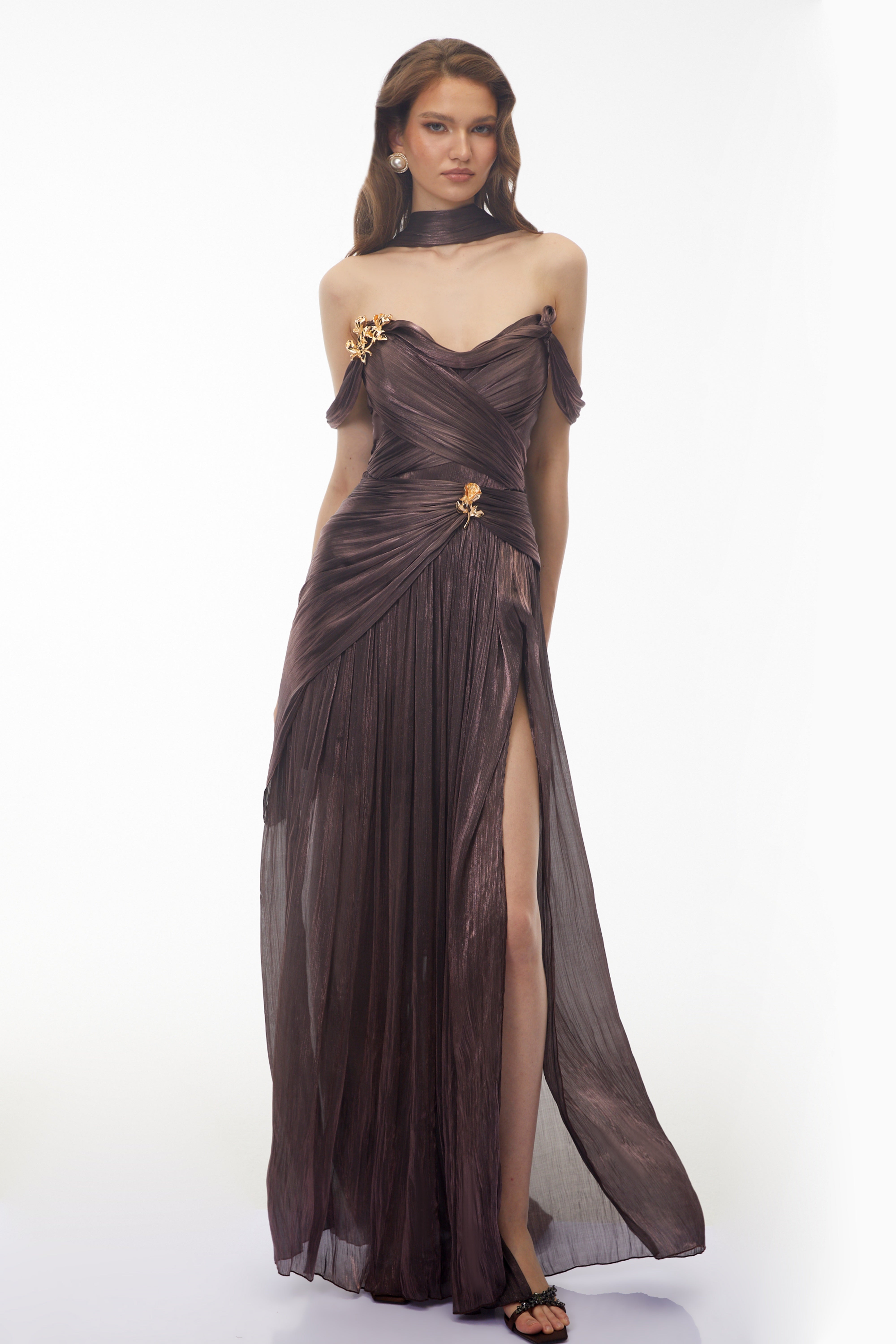 Delphine Chocolate Brown Off Shoulder Ruched Maxi Dress