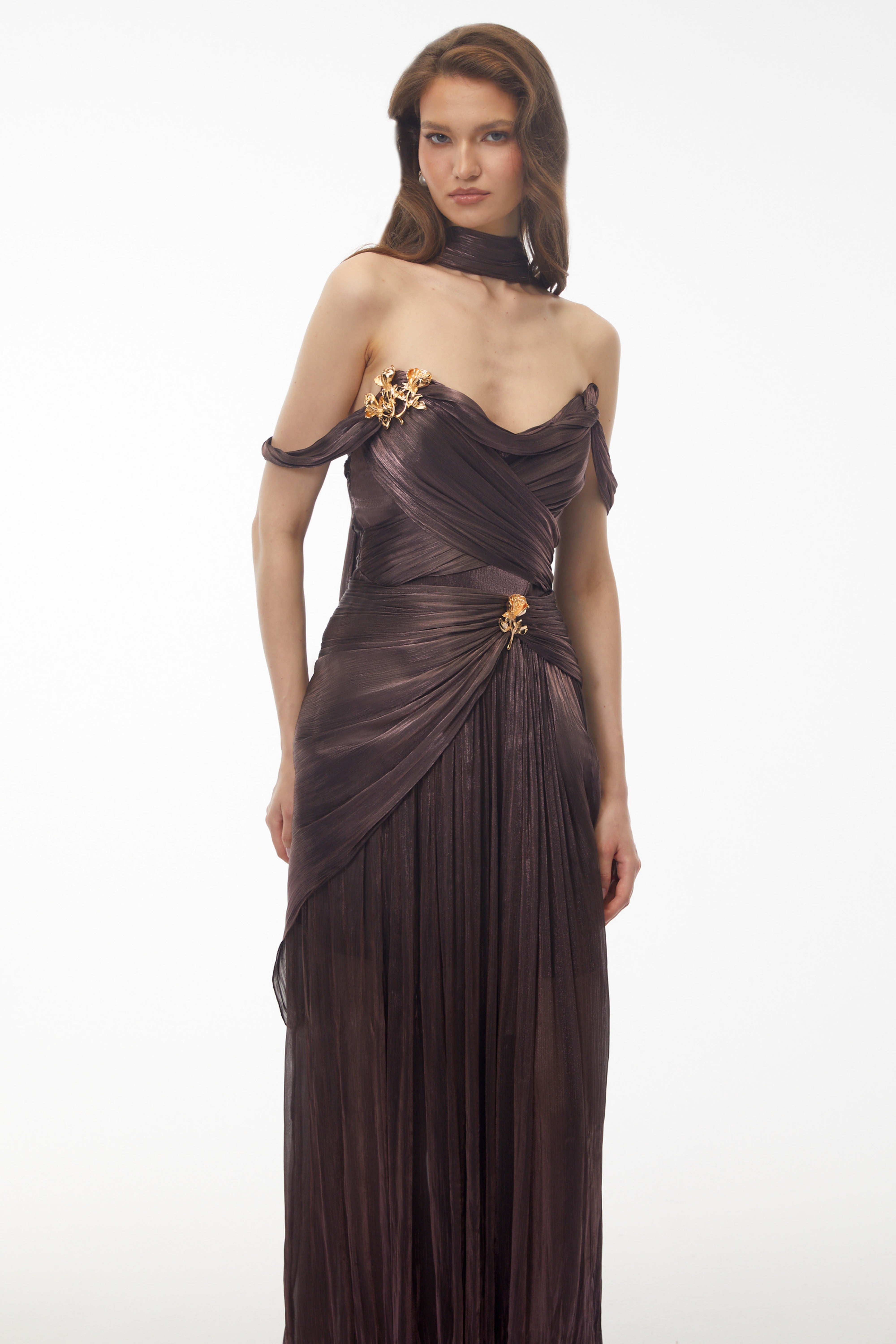 Delphine Chocolate Brown Off Shoulder Ruched Maxi Dress