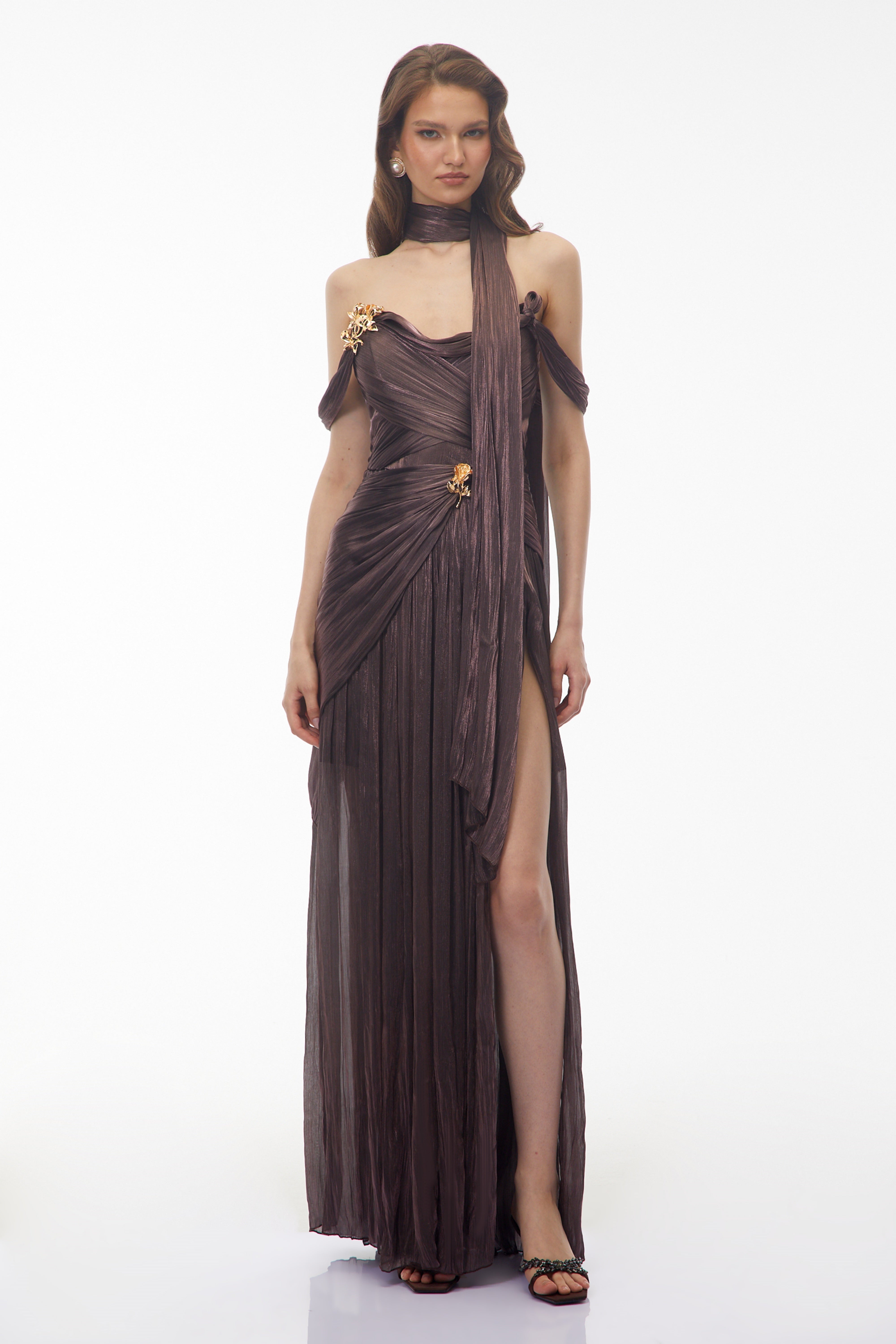 Delphine Chocolate Brown Off Shoulder Ruched Maxi Dress