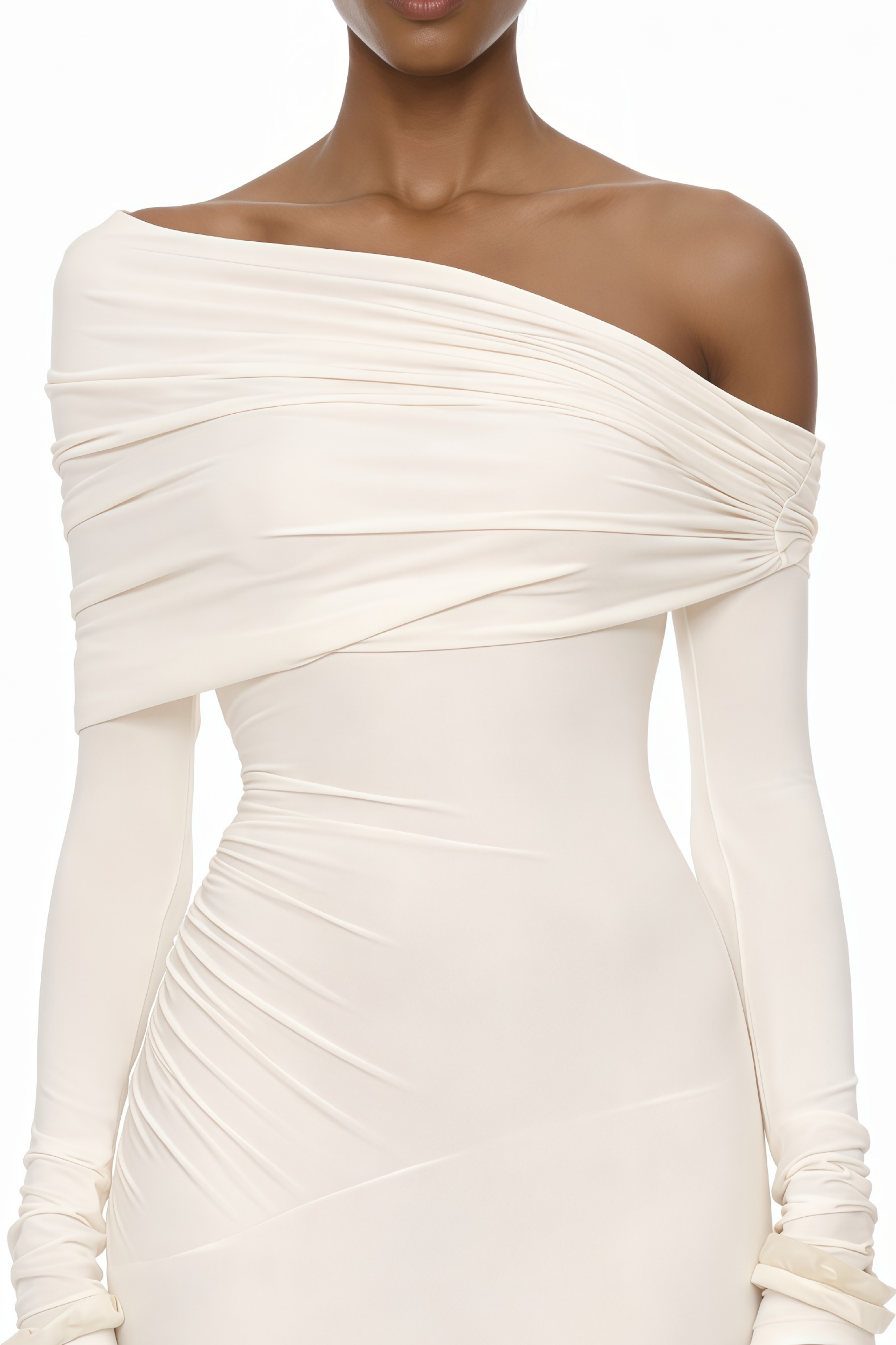 Delphine Weißes Maxikleid mit Rüschen und schulterfreiem Ausschnitt