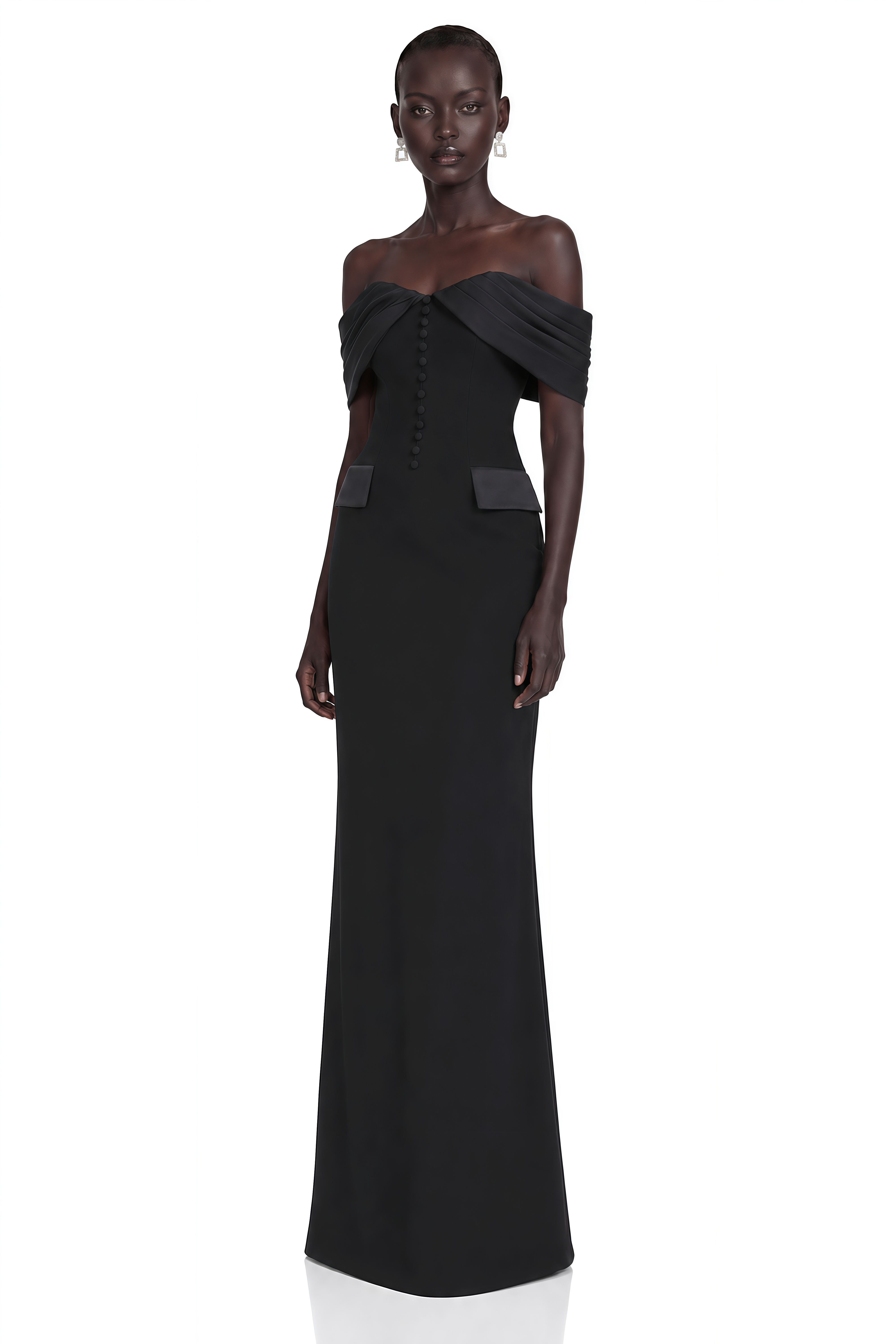 Demetria Black Off Shoulder Maxi Dress with Button Detail