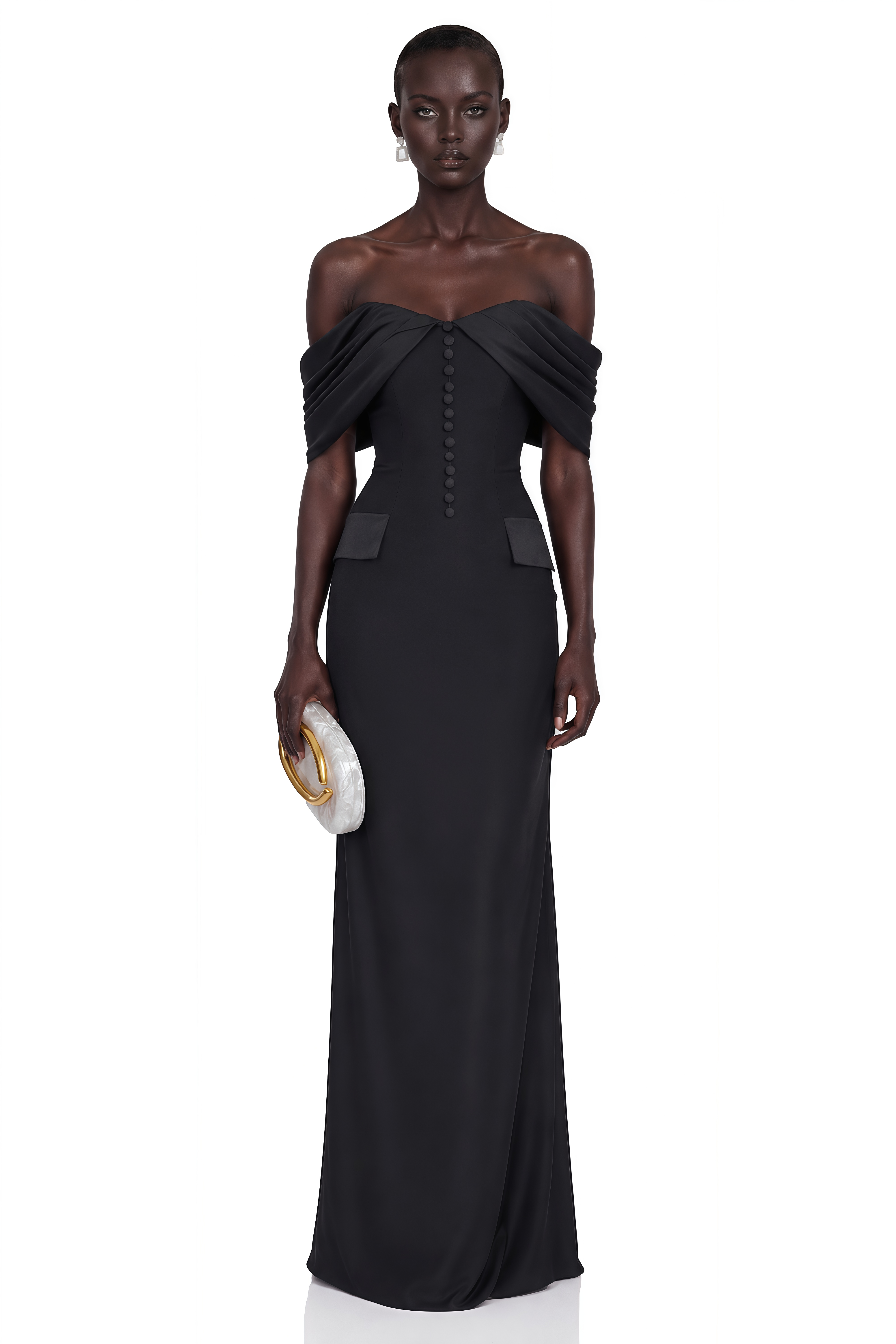 Robe longue à épaules dénudées Demetria Black avec boutons décoratifs