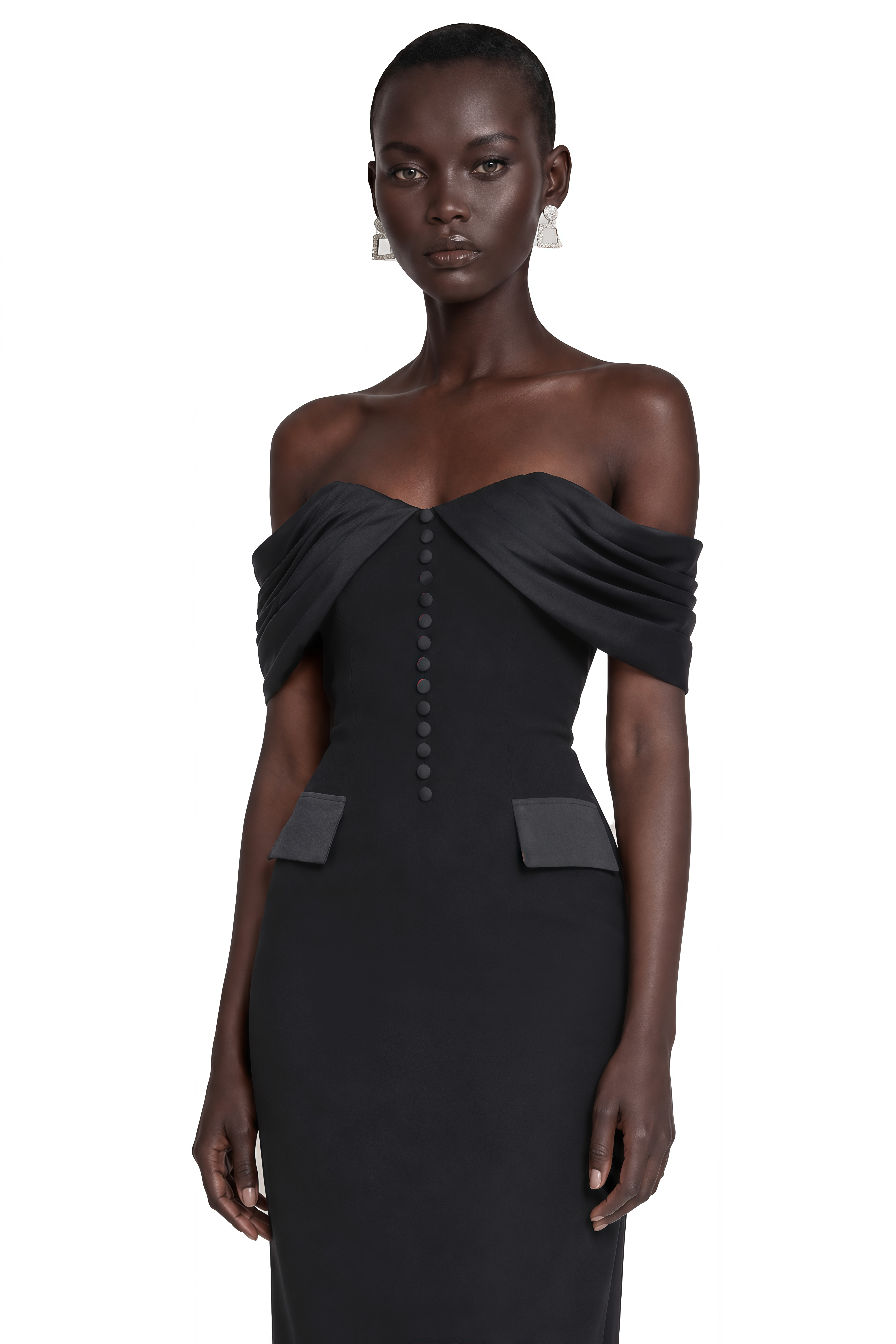 Robe longue à épaules dénudées Demetria Black avec boutons décoratifs