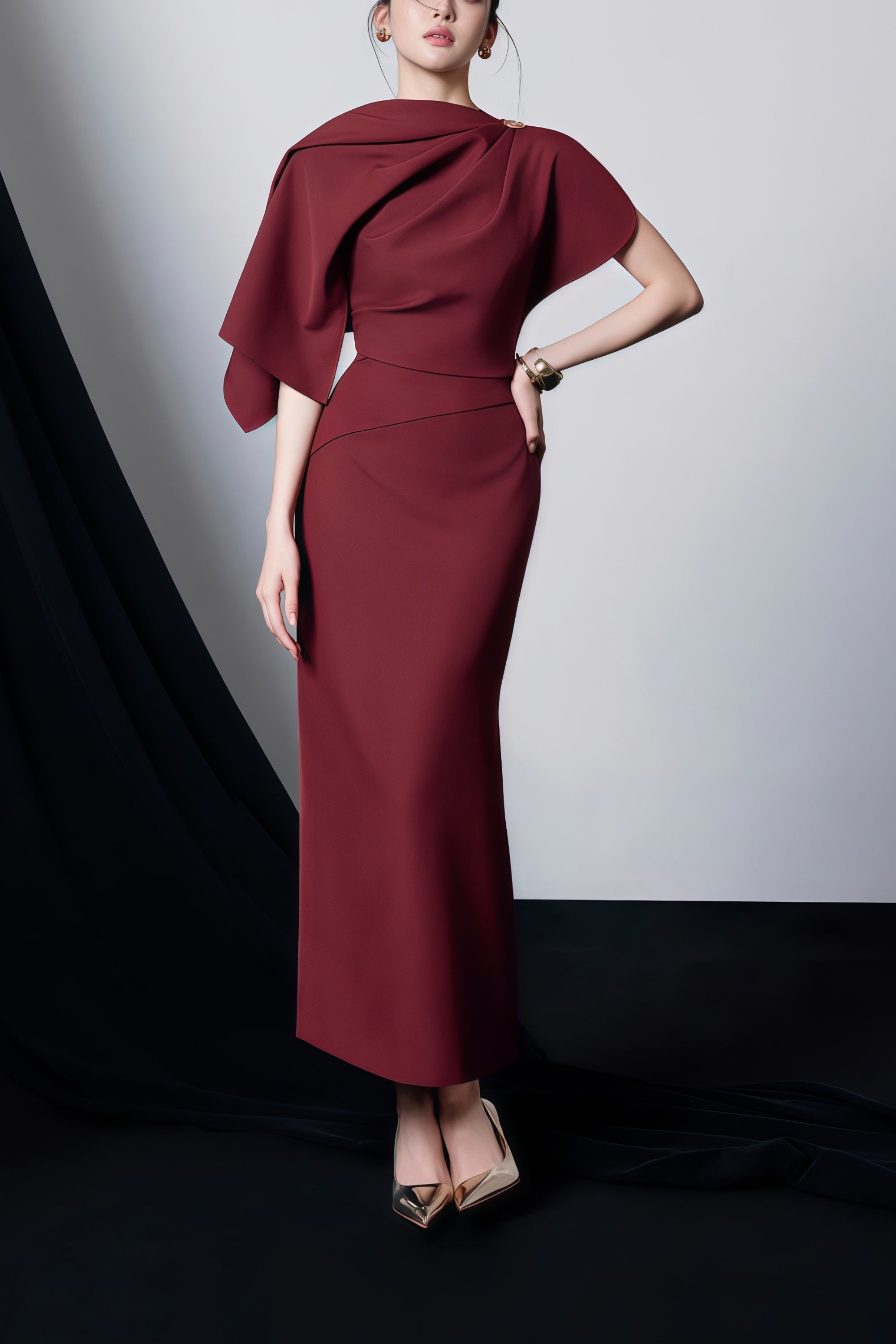 Wren Burgundy Asymmetrical Cape Maxi Dress