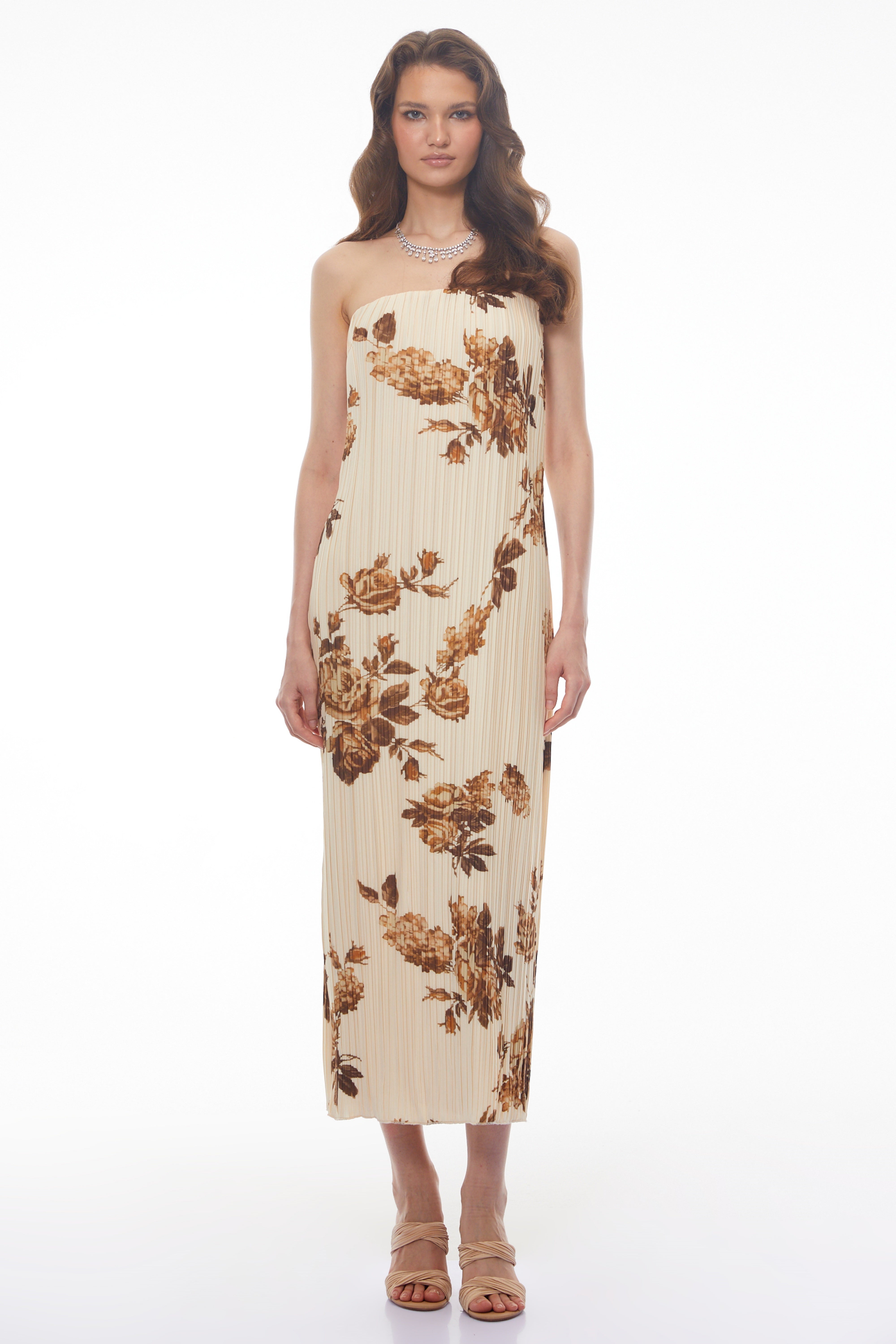 Denise Cream Floral Pleated Midi Dress
