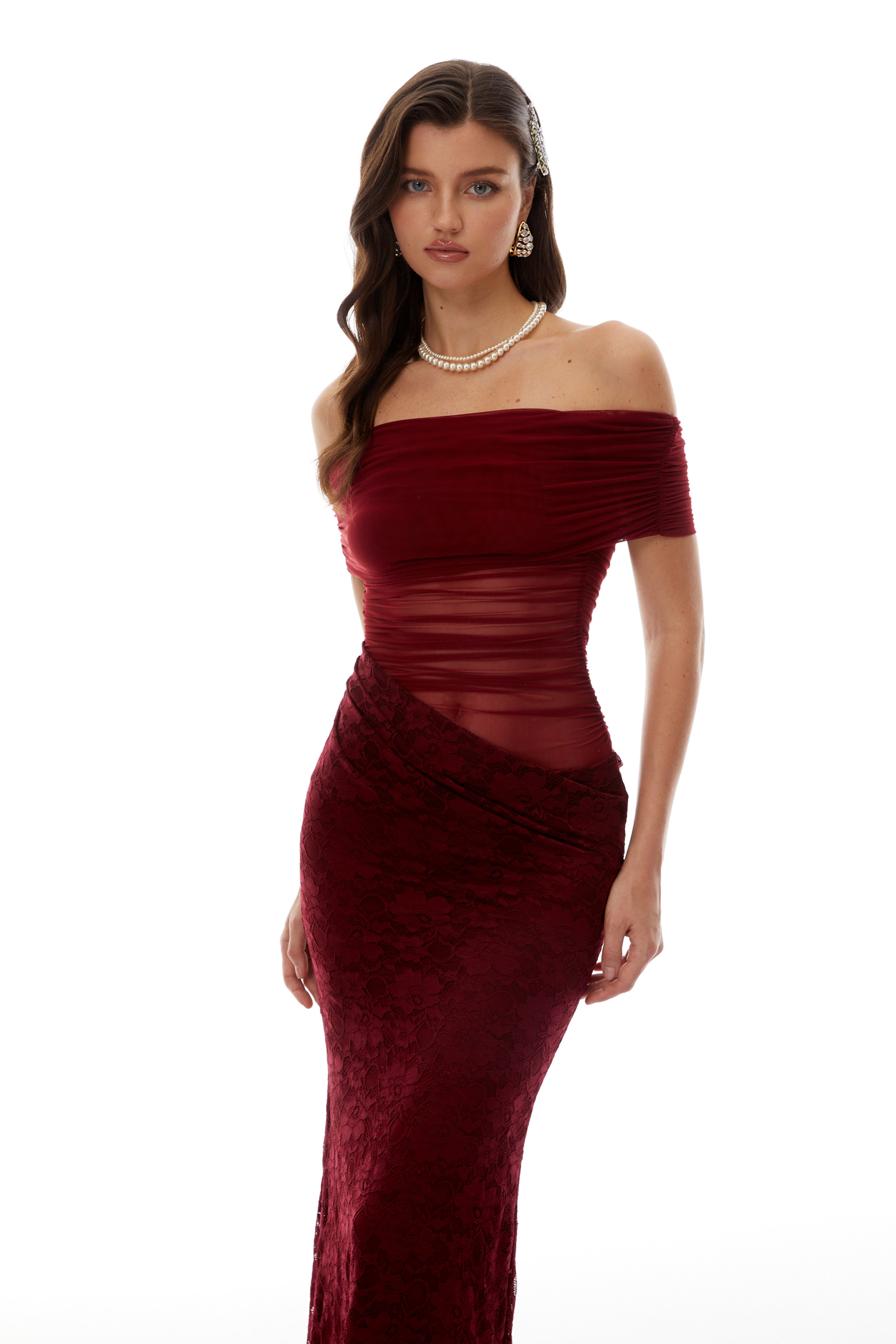 Dianthe Red Lace Panel Mesh Midi Dress