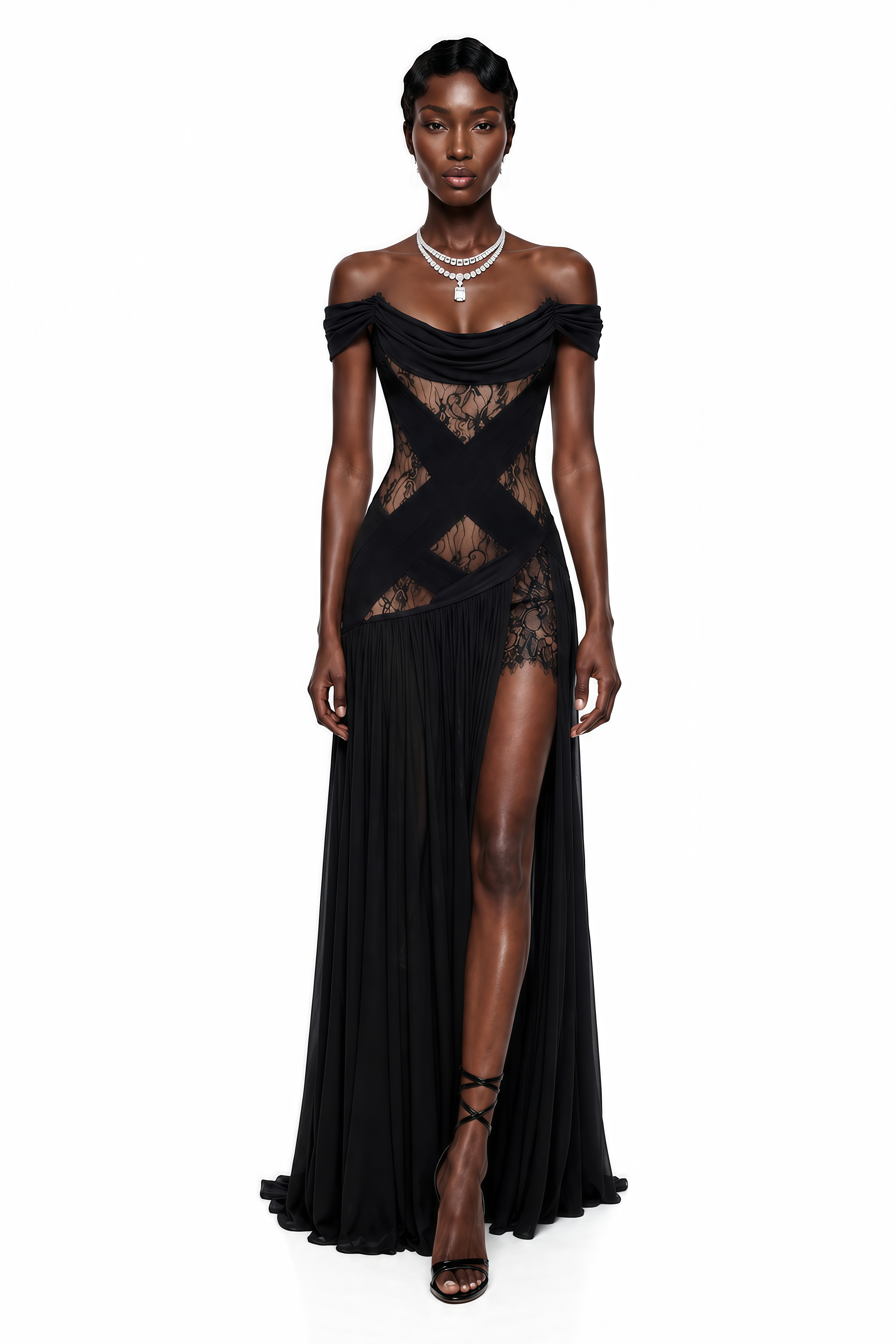 Black off-the-shoulder maxi dress with a criss-cross lace bodice and a high leg slit