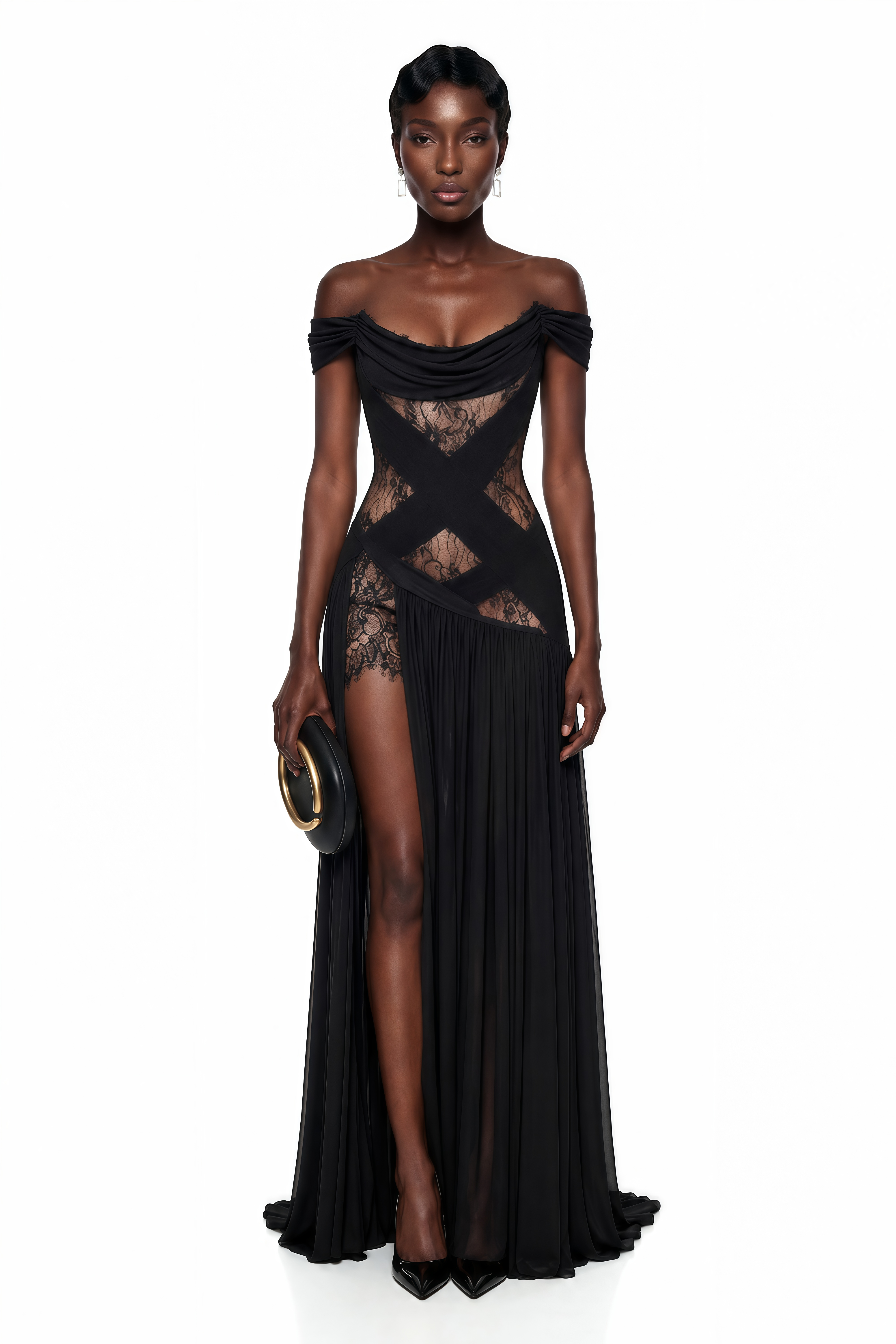 Dildar Black Cross Front Maxi Dress with Lace Panels Dildar Black Cross Front Maxi Dress with Lace Panels