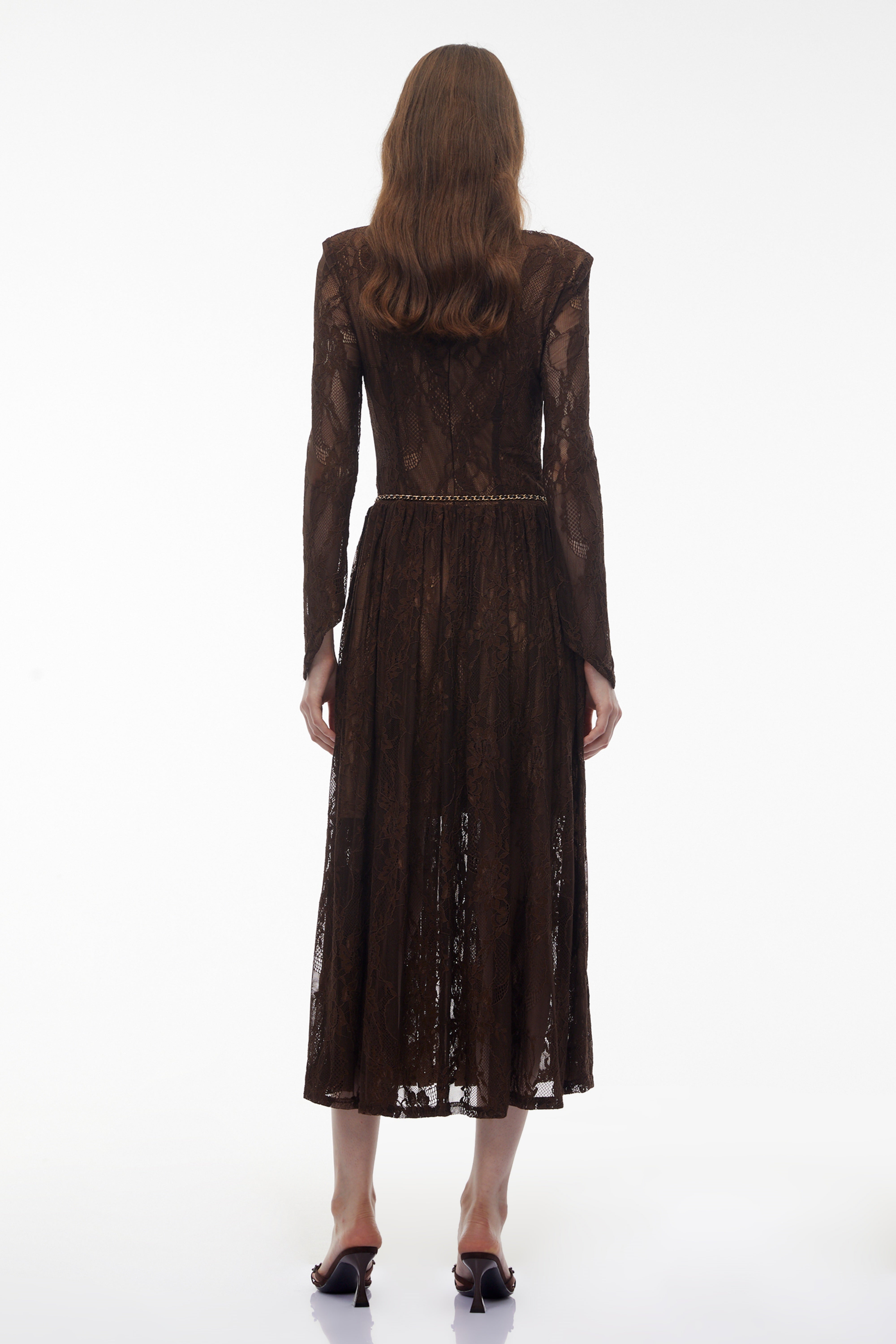 فستان ميدي من ديون براون بتصميم ملتوي من الدانتيل المزين بالزهور