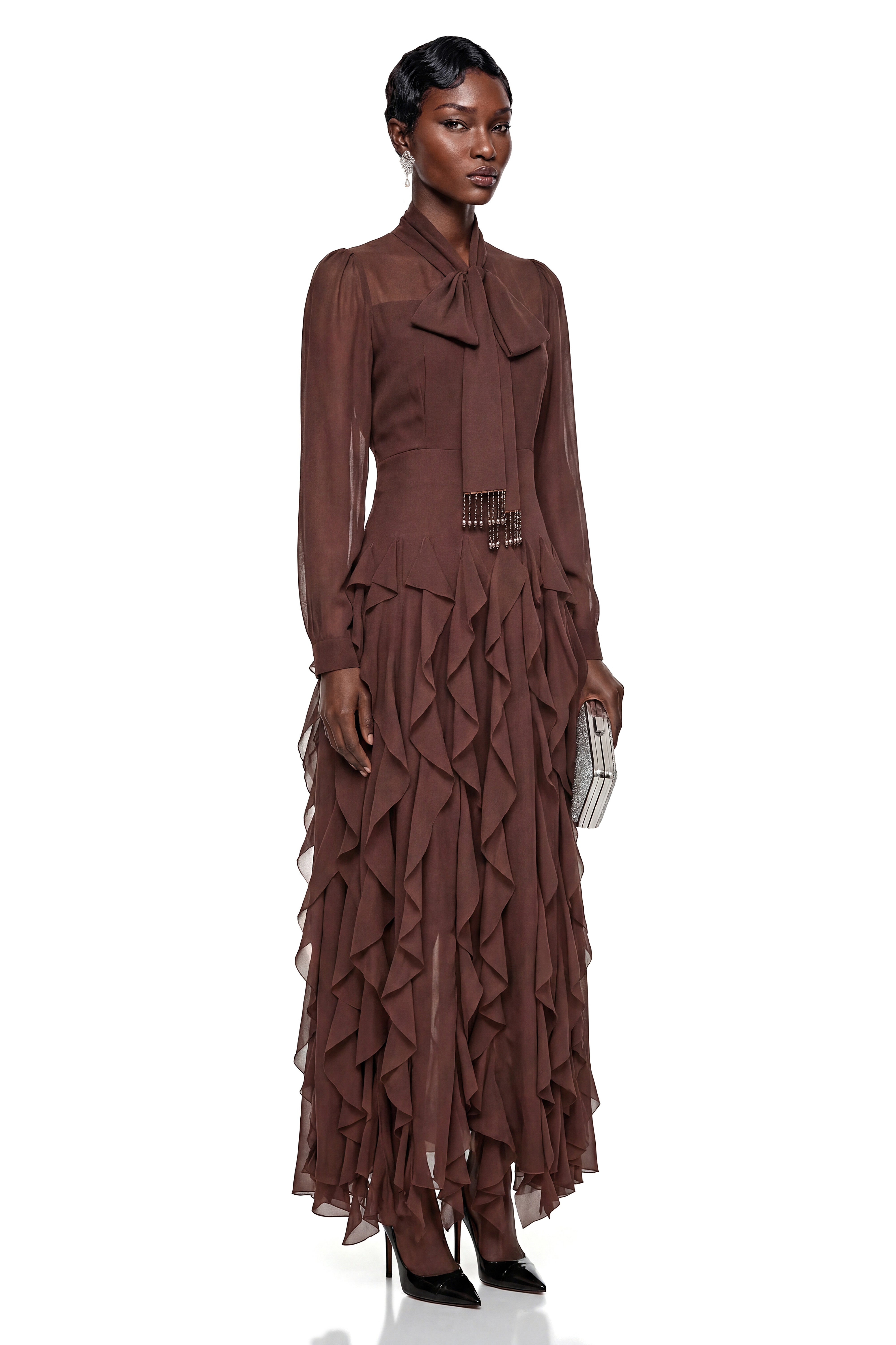 Dirce Chocolate Brown Chiffon Ruffled Maxi Dress