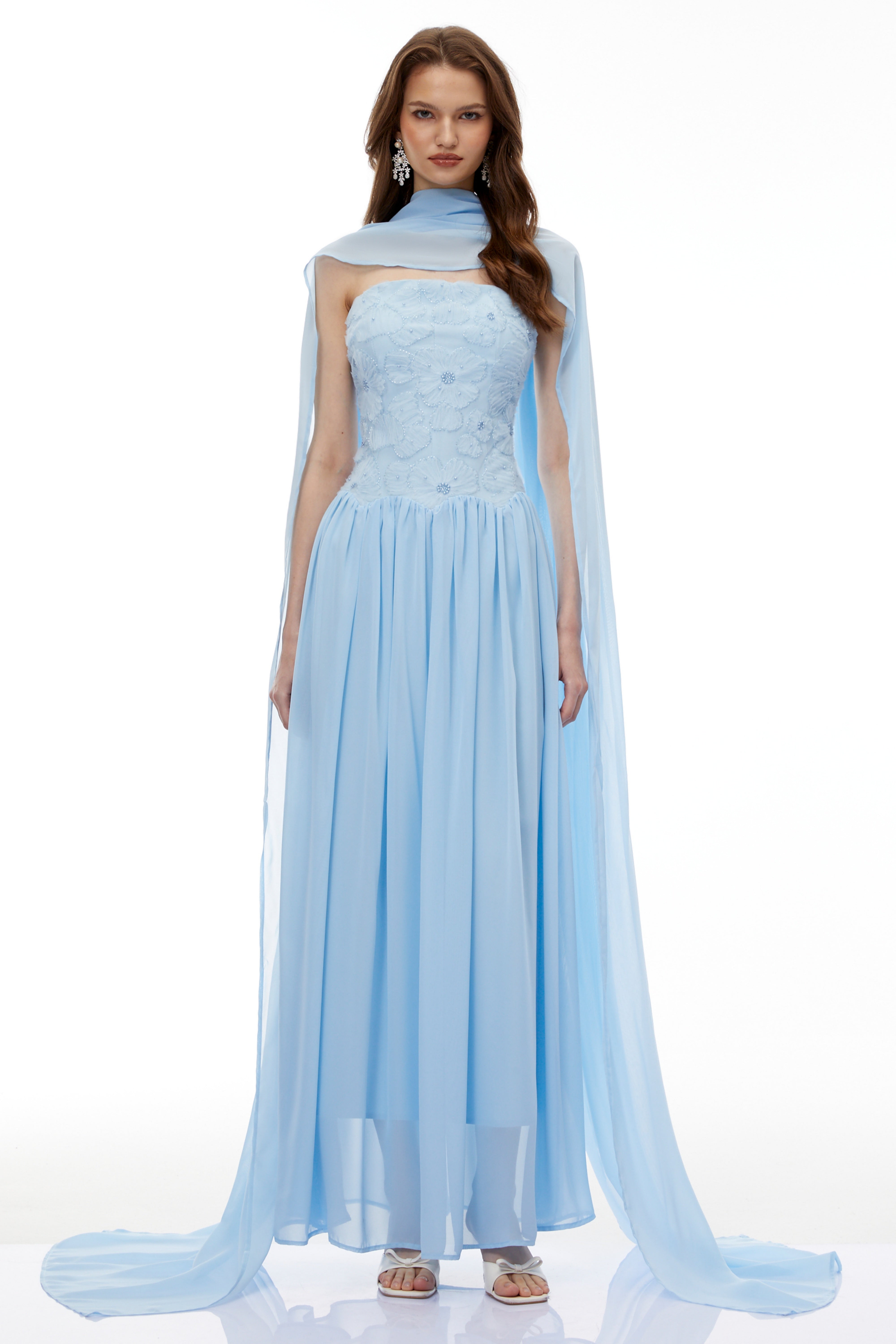 Dobromila Blue Floral Embroidered Pleated Maxi Dress