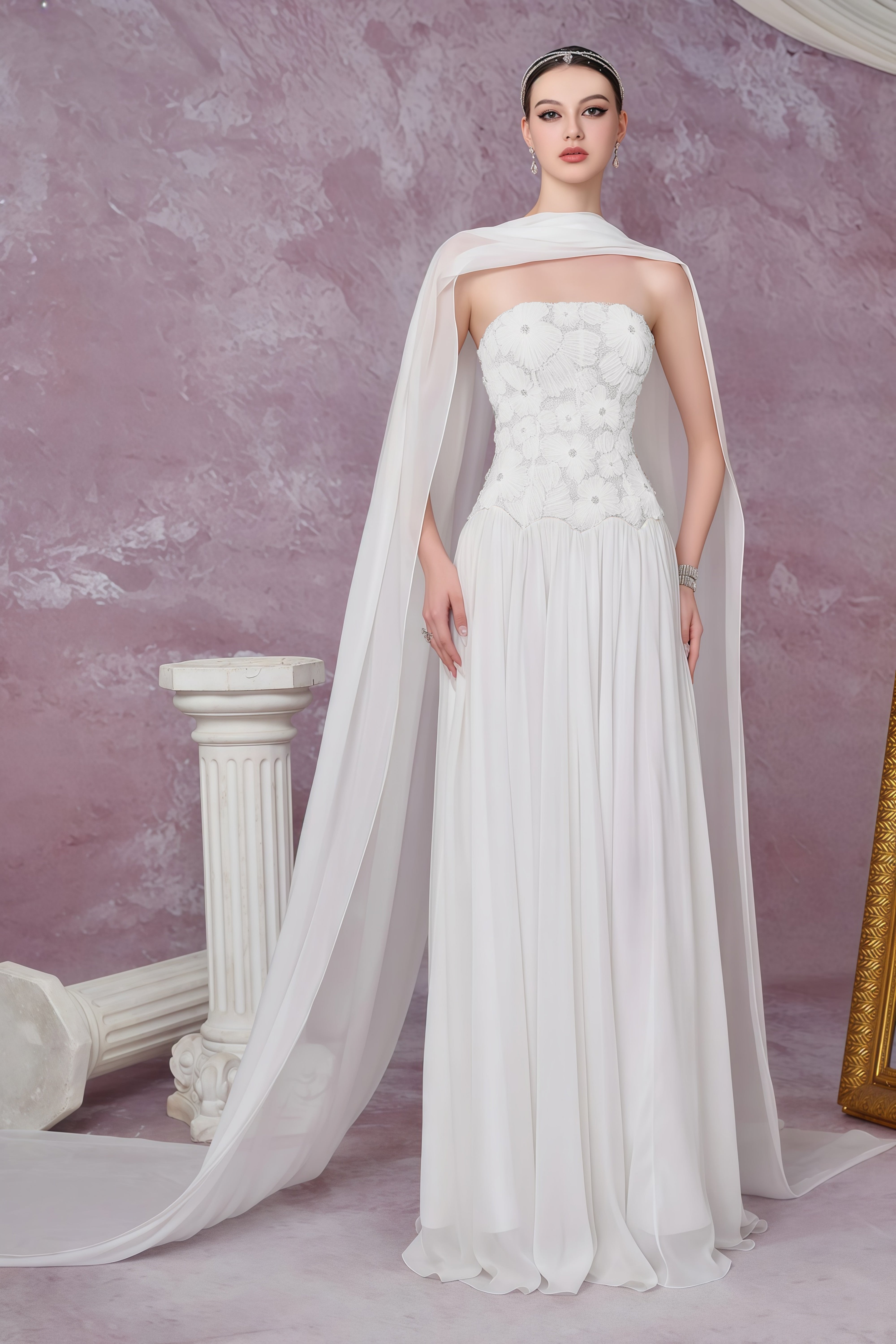 فستان ماكسي طويل من دوبروميله، مزين بزخارف زهرية بيضاء ومطوي