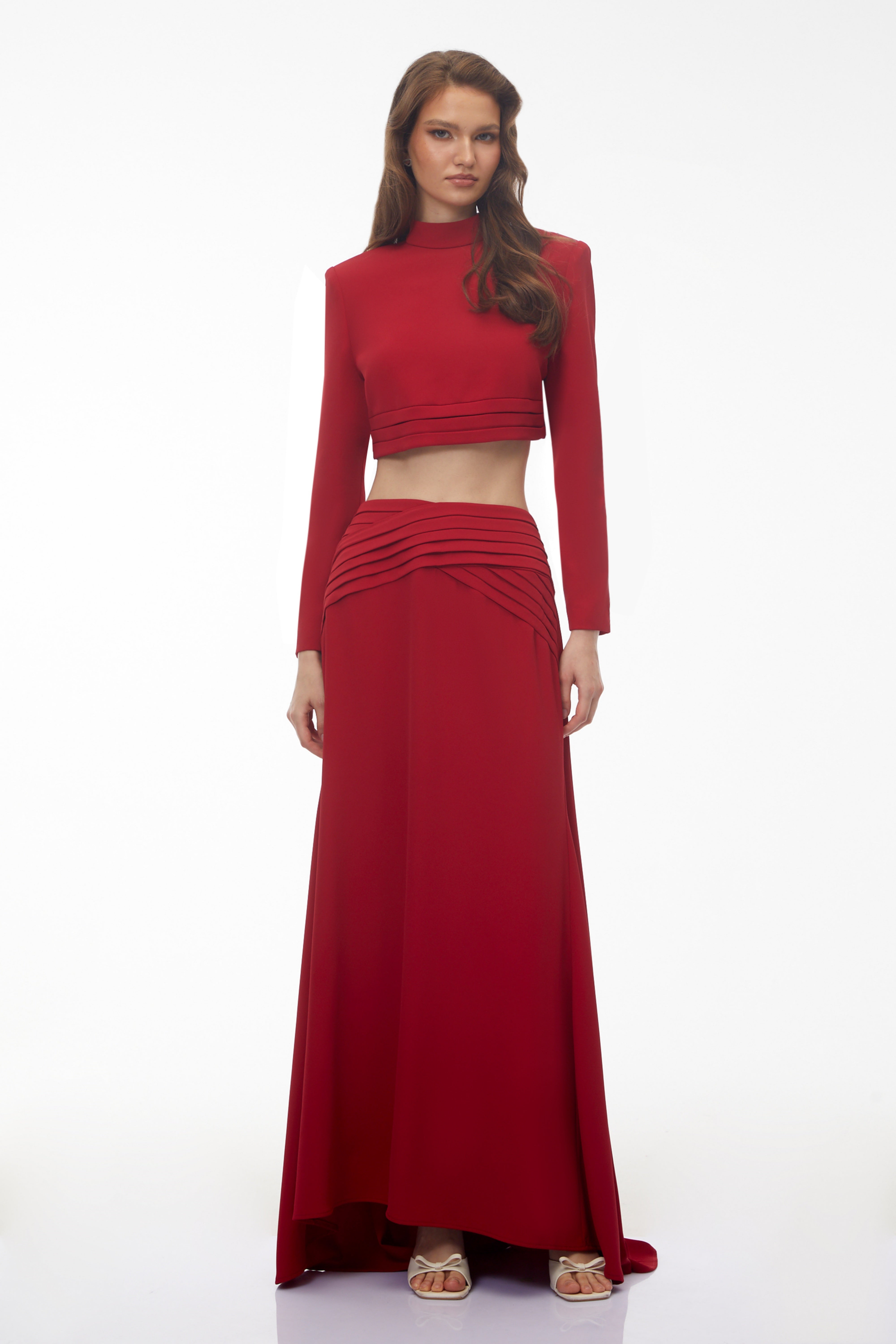 Domenica Red Turtleneck Top & Ruched Skirt Set