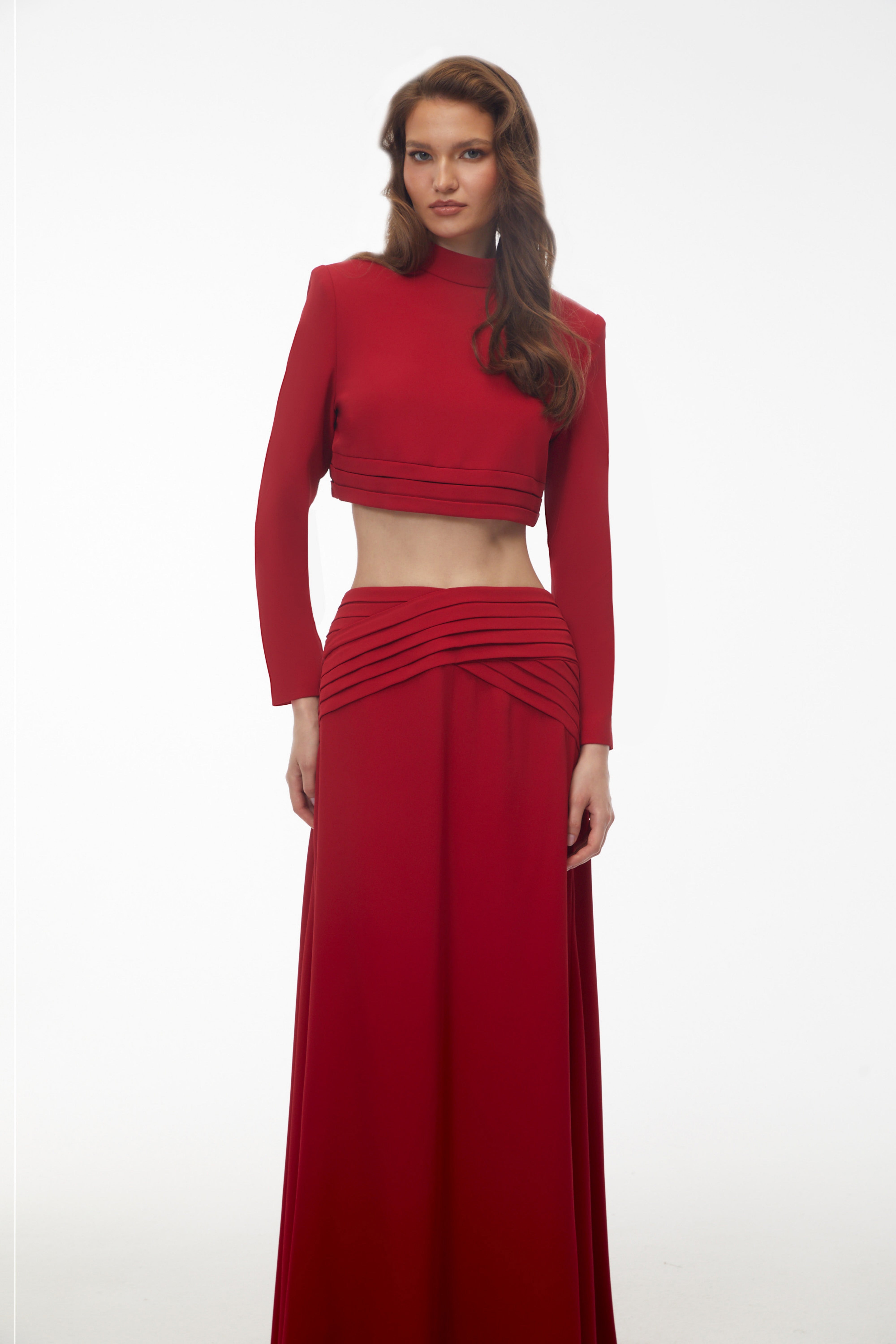 Domenica Red Turtleneck Top & Ruched Skirt Set