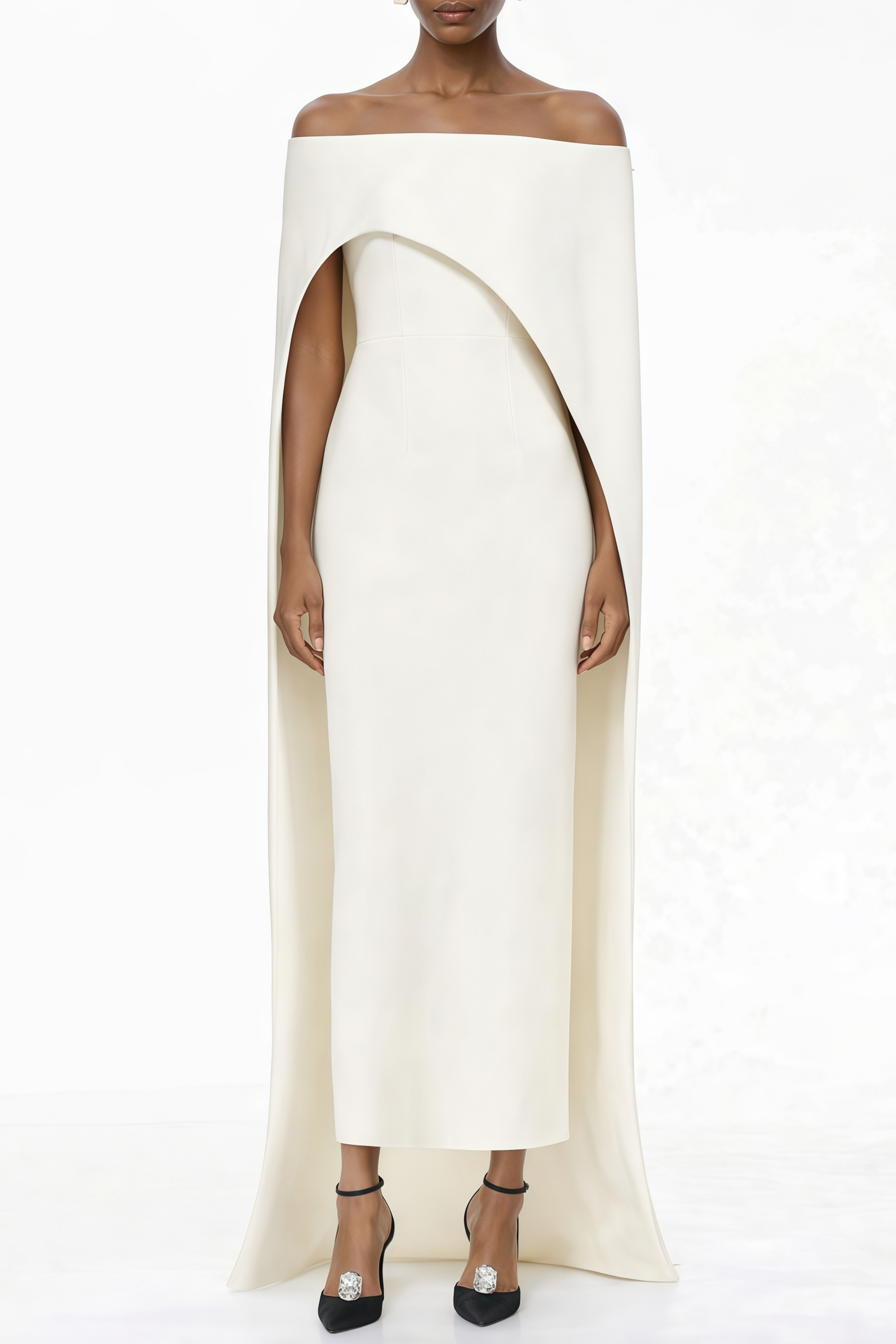Dominique White Asymmetrisches Cape-Maxikleid