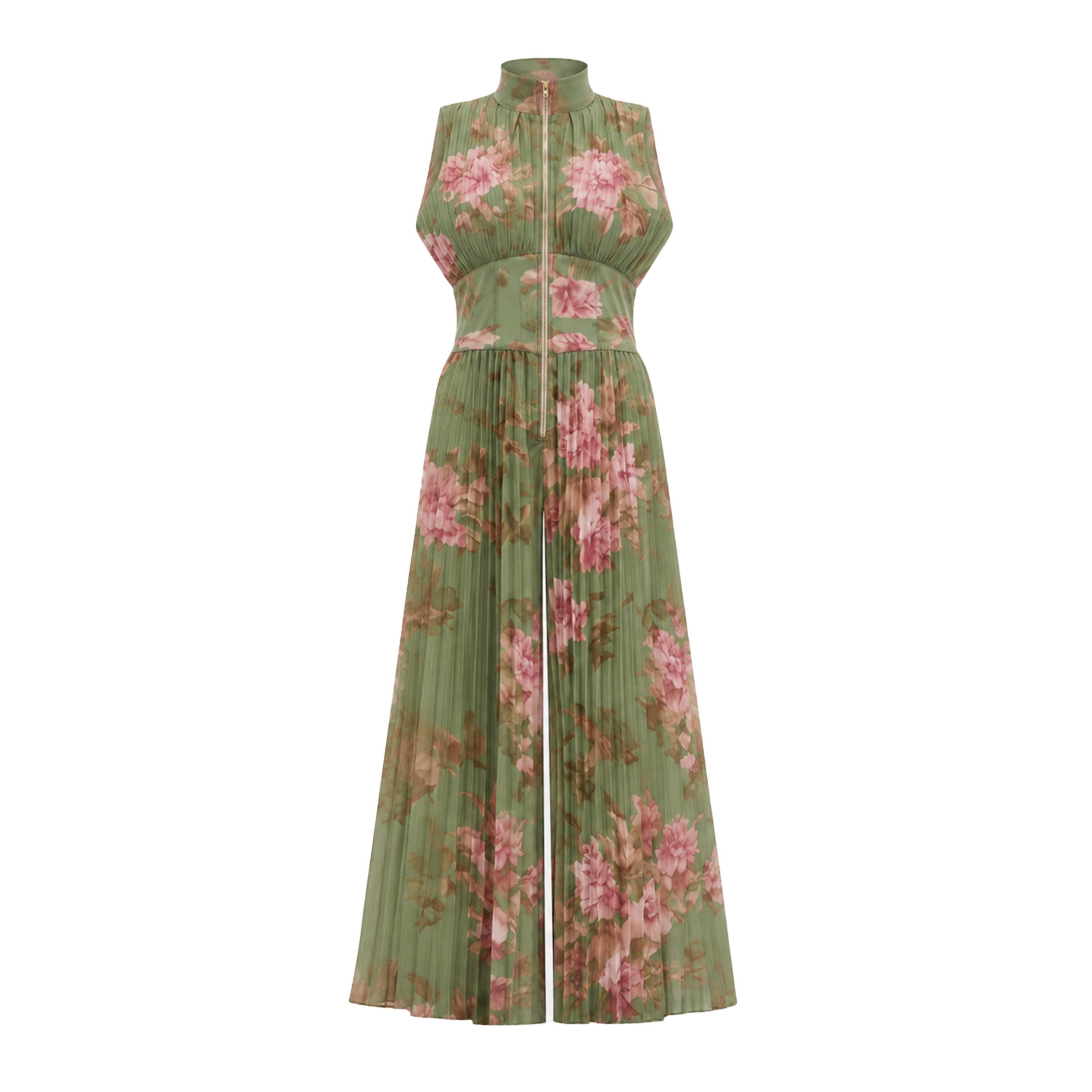 Ecem Green Mock Neck Ruched Jumpsuit with Floral Print