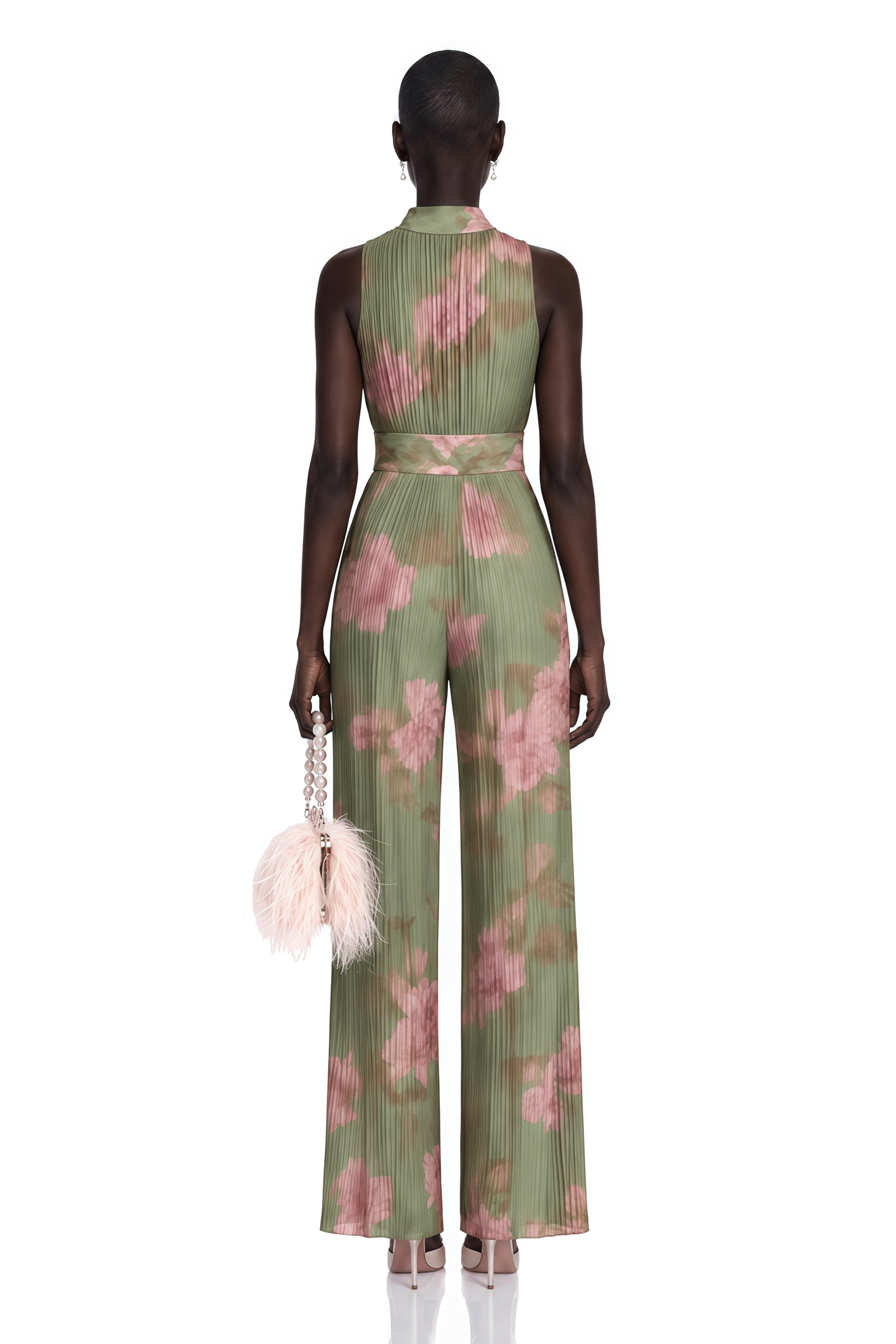 Ecem Green Mock Neck Ruched Jumpsuit with Floral Print