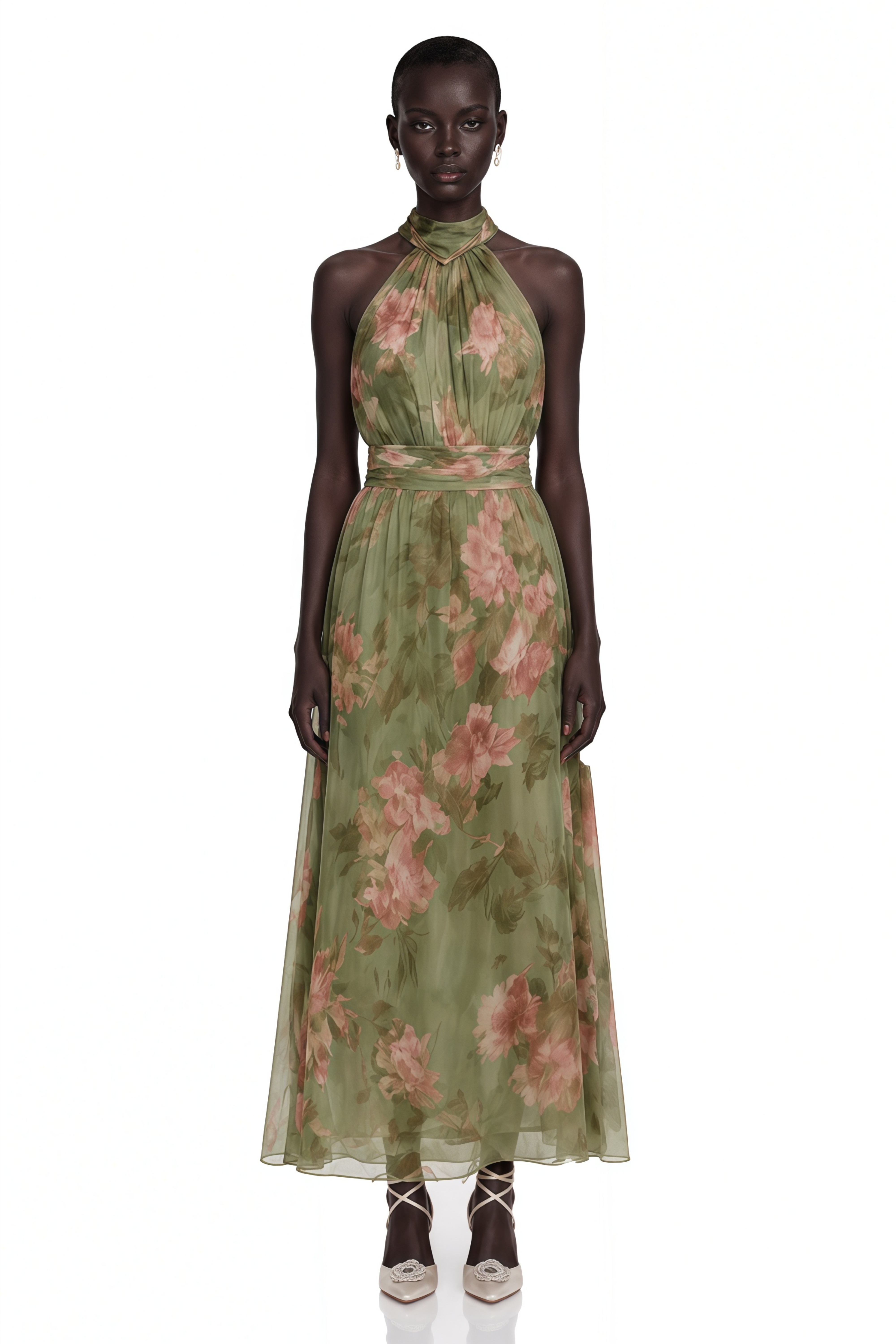 Robe longue à col montant froncé Ecem Green, imprimé floral